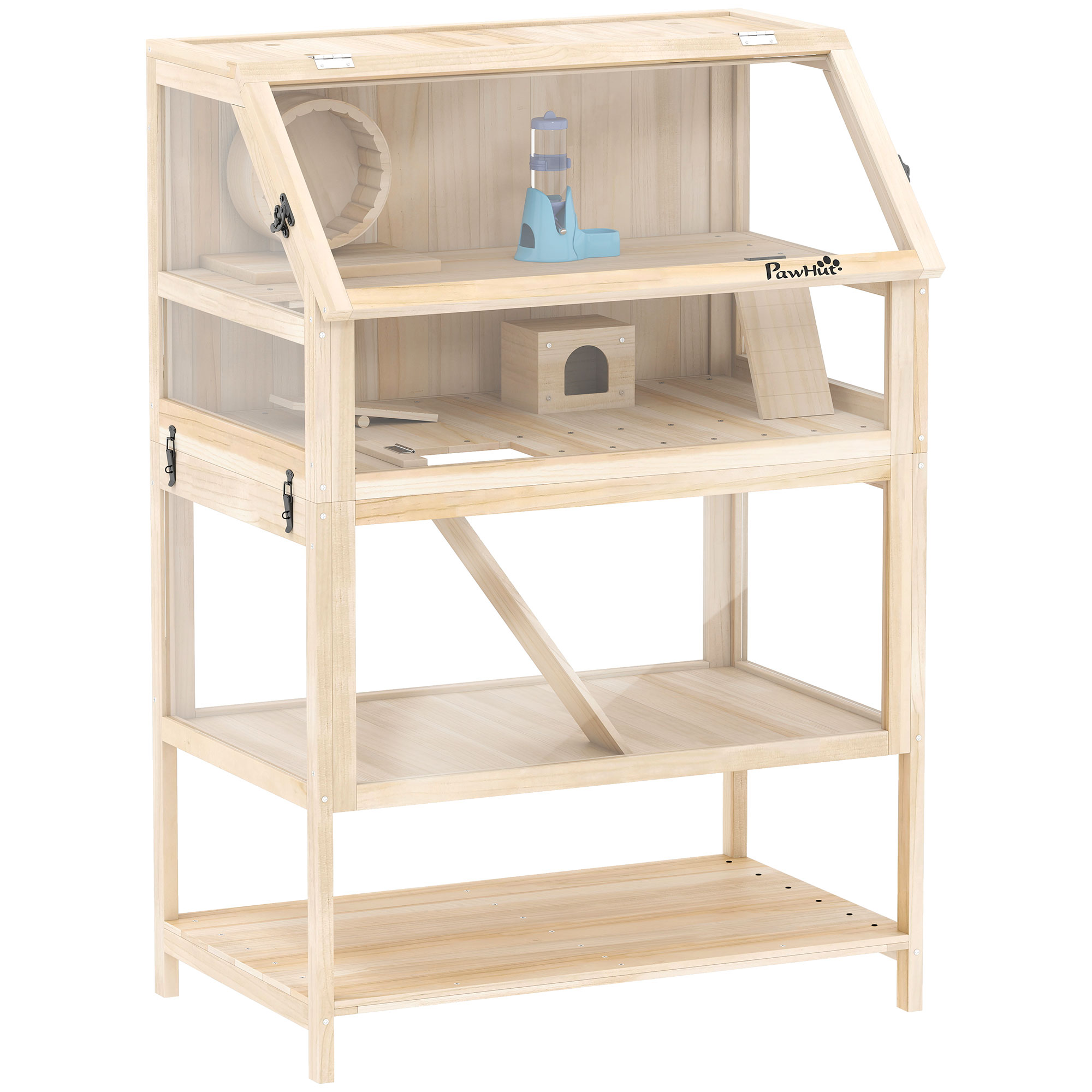 PawHut Hamsterkäfig aus Holz 3 Etagen 80 x 53 x 117 cm Nagerkäfig Kleintierkäfig mit abnehmbar Boden Ablage Laufrad Wippe Rampe Wasserflasche Hütte Mäusekäfig für Zwerghamster Naturholz   Aosom
