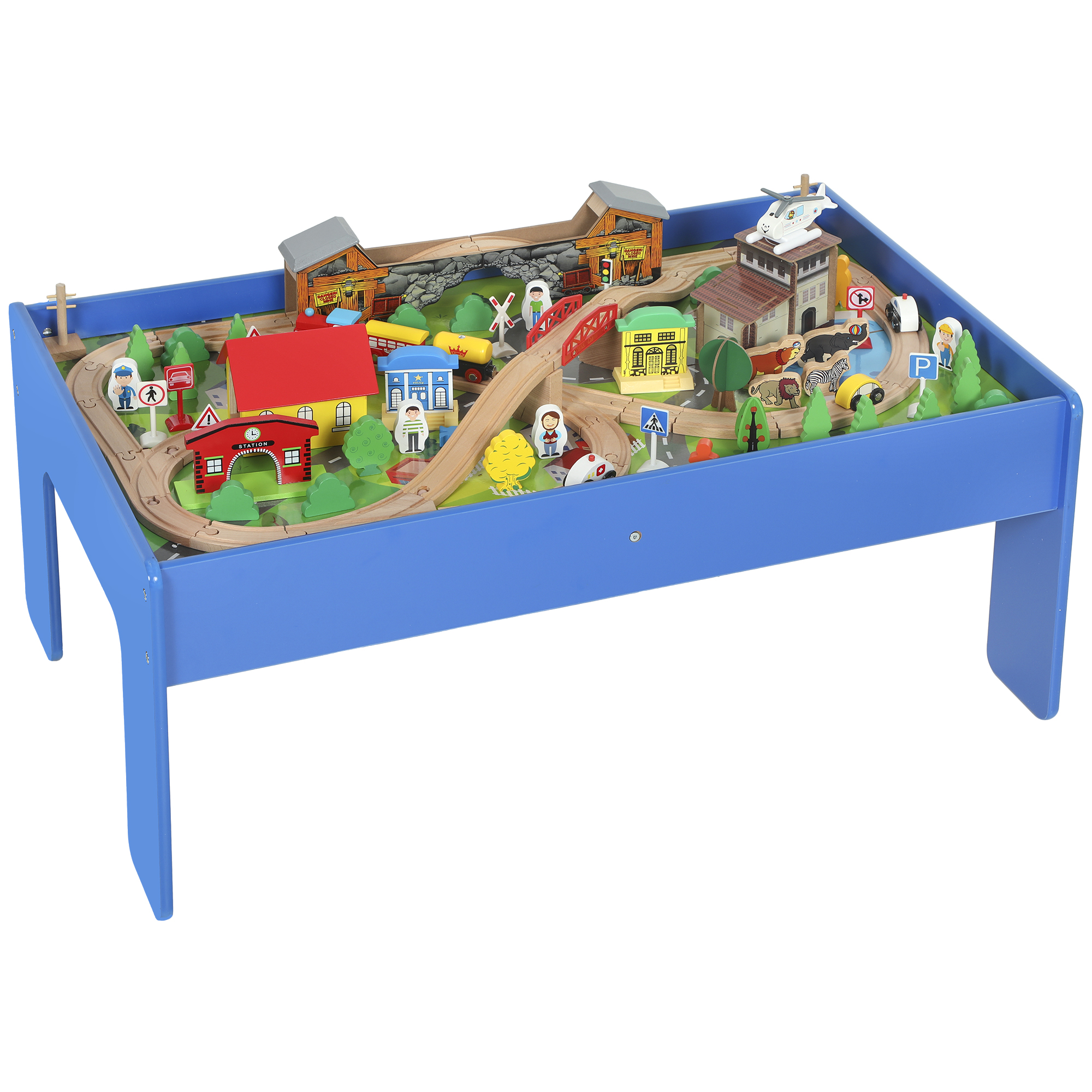 AIYAPLAY Spieltisch, 108-teiliges Eisenbahn-Set aus Holz, Holzeisenbahn mit abnehmbarer Tischplatte, Eisenbahntisch für Kinder ab 3 Jahren, Blau   Aosom