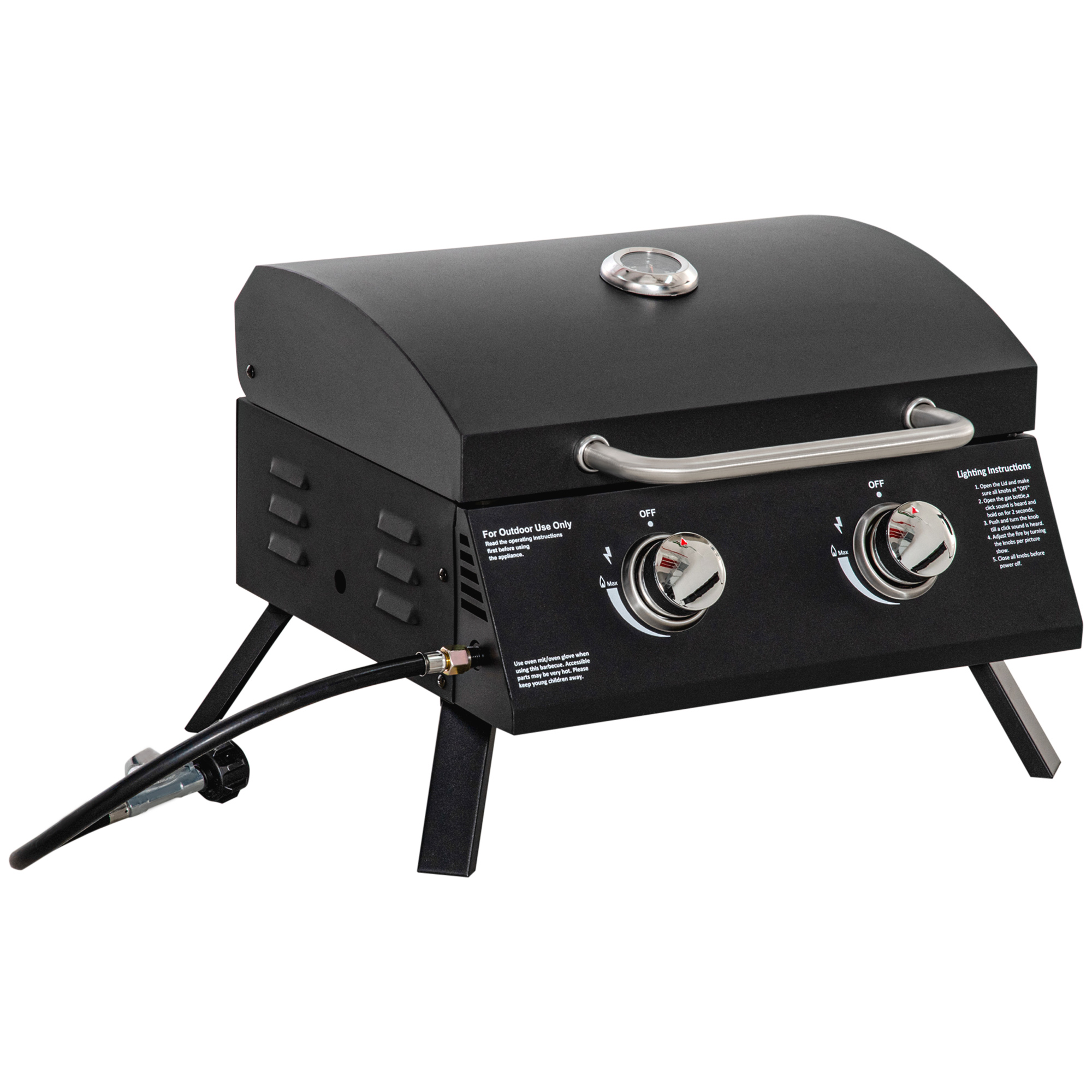 Outsunny Gasgrill BBQ klappbar mit 2 Brennern und Deckel, ablesbarem Thermometer, 55 x 46,5 x 41 cm, Kohlenstoffstahl & Edelstahl, Schwarz   Aosom.de