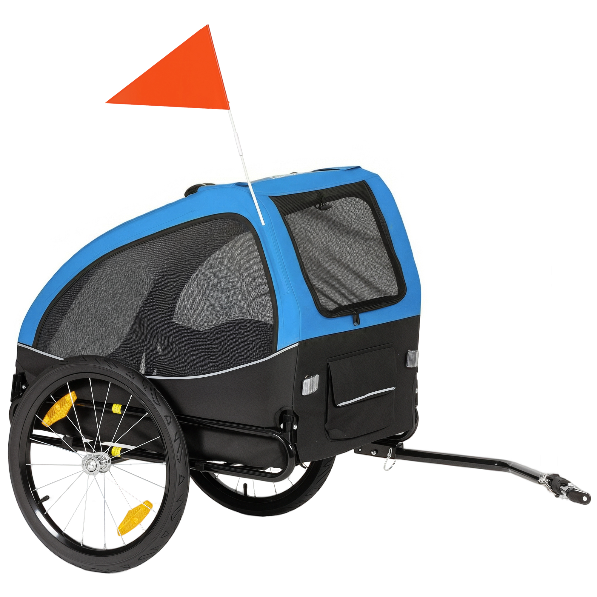 PawHut Hundeanhänger Faltbar Fahrradanhänger für Hunde Hundefahrradanhänger mit Reflektoren, Mesh-Fenster, Rädern, Tür, Sicherheitsflagge, für Hunde bis 20 kg Blau Aosom