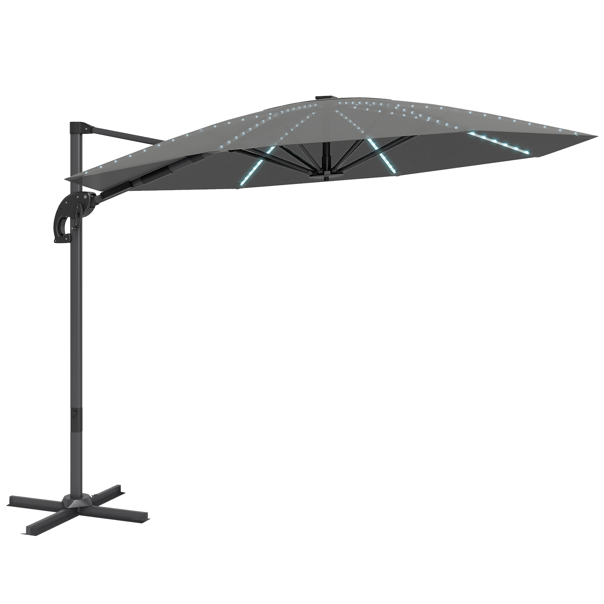Outsunny Alu Ampelschirm LED Solar Ø300cm höhenverstellbar Sonnenschirm mit Kurbel Ständer UV50+ Wasserabweisend 360° drehbar Marktschirm neigbar Gartenschirm Sonnenschutz für Garten Balkon Dunkelgrau   Aosom