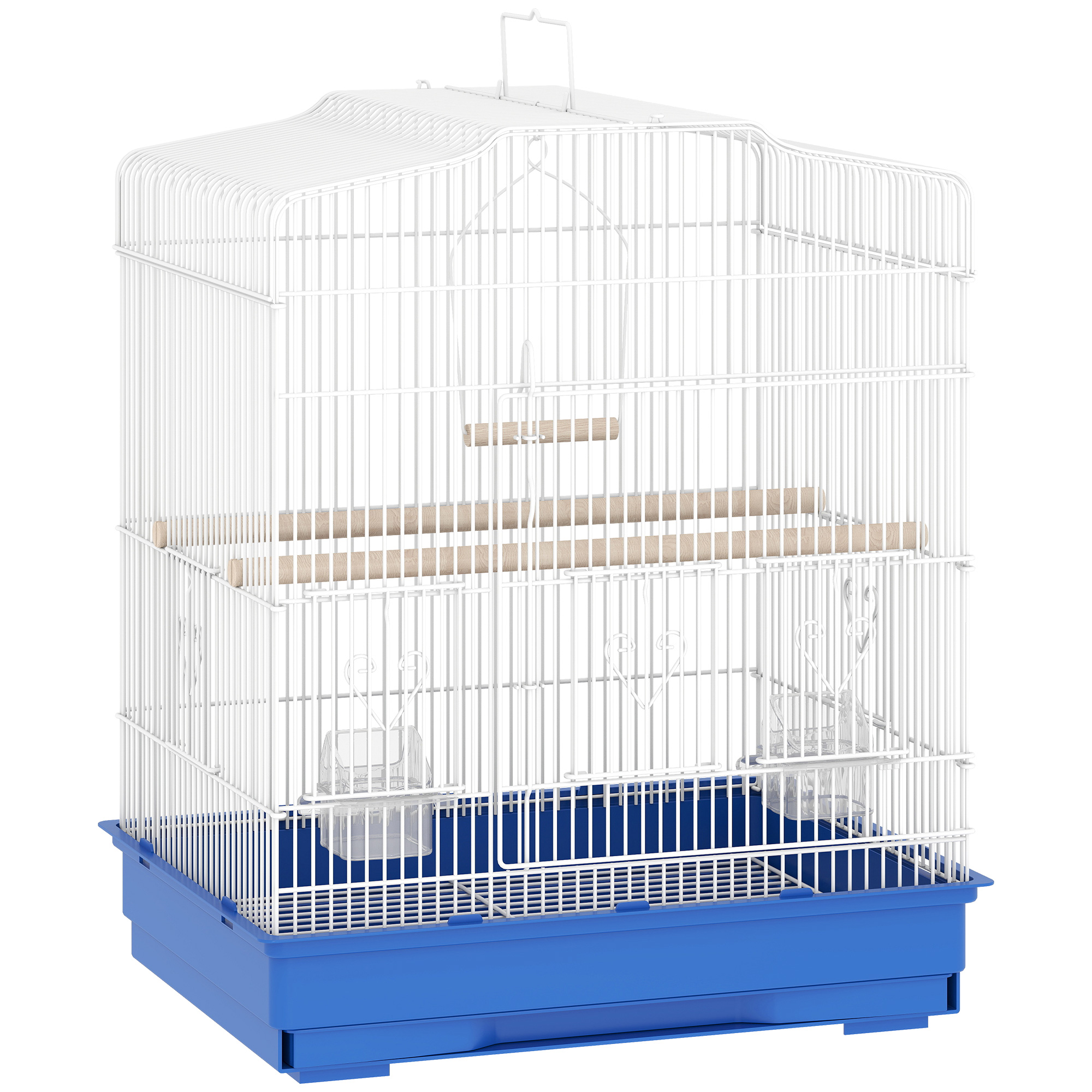 PawHut Vogelkäfig, Stahlvogelkäfig mit Türen, 2 Futternäpfe, 2 Sitzstangen, Schaukel, herausziehbare Schublade und Tragegriff, für Papagei, Kanarienvogel, Wellensittich, 46,5x36x59 cm, Blau   Aosom