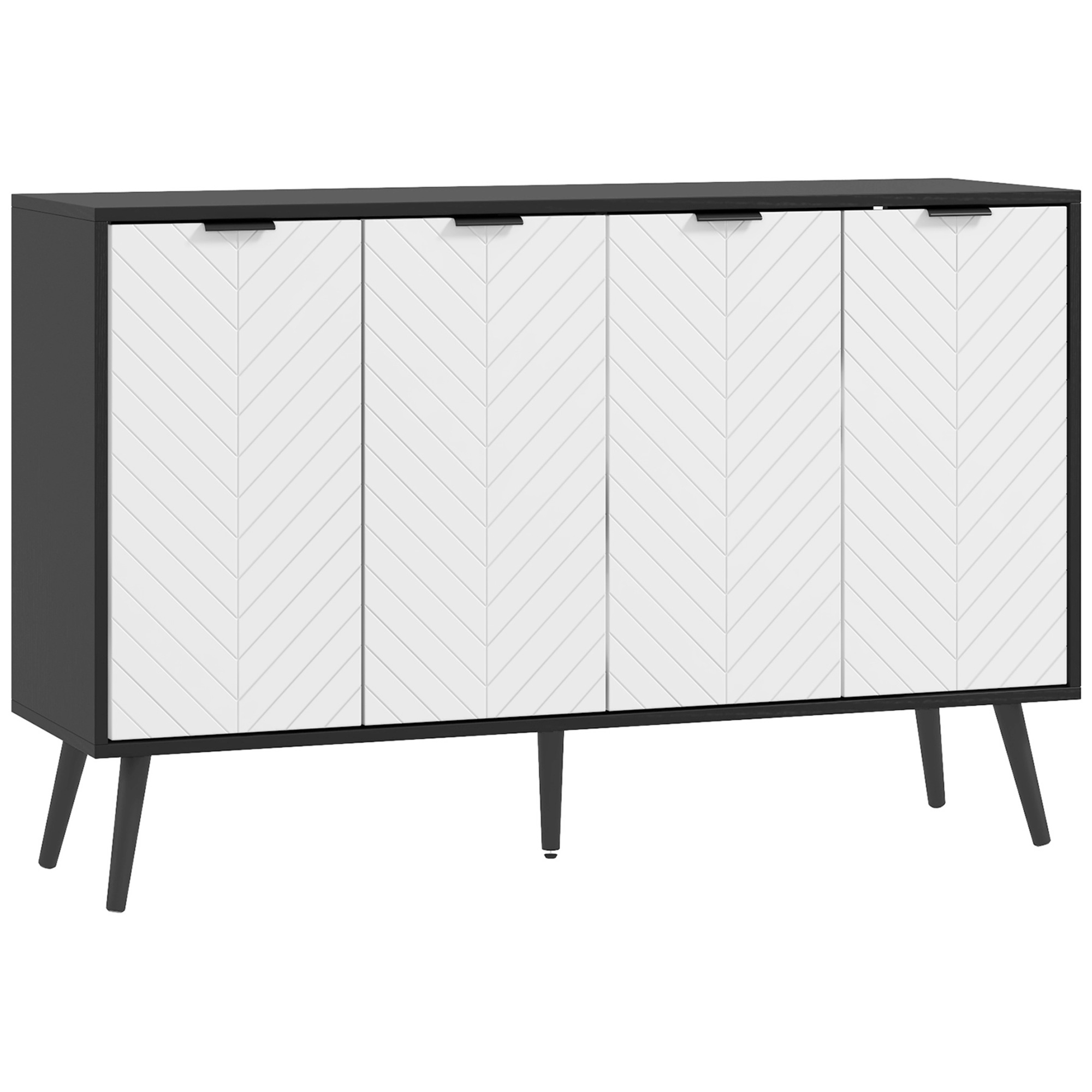 HOMCOM Sideboard mit 4 Türen, Wohnzimmer-Sideboard mit höhenverstellbaren Einlegeböden, Holzfüße, Türen mit Fischgrätmuster, für Küche, Flur, Schlafzimmer, Weiß und Schwarz, 120x35x77,4 cm Aosom