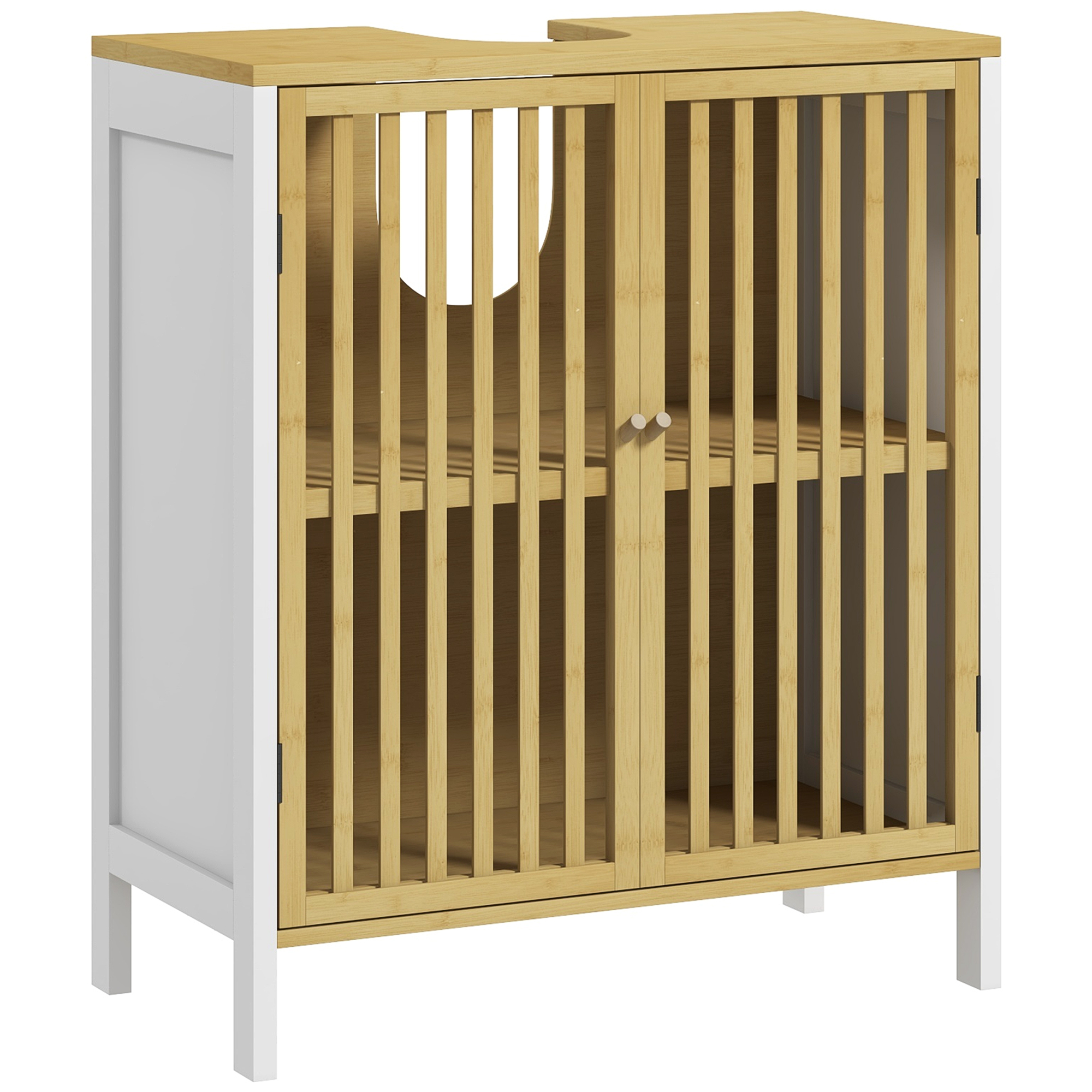 HOMCOM Unterschrank für Waschbecken Badmöbel 2 Türen mit verstellbarem Fach Aufbewahrungsschrank für Waschbecken 60 x 30 x 70 cm Bambus Weiß und Natur Aosom