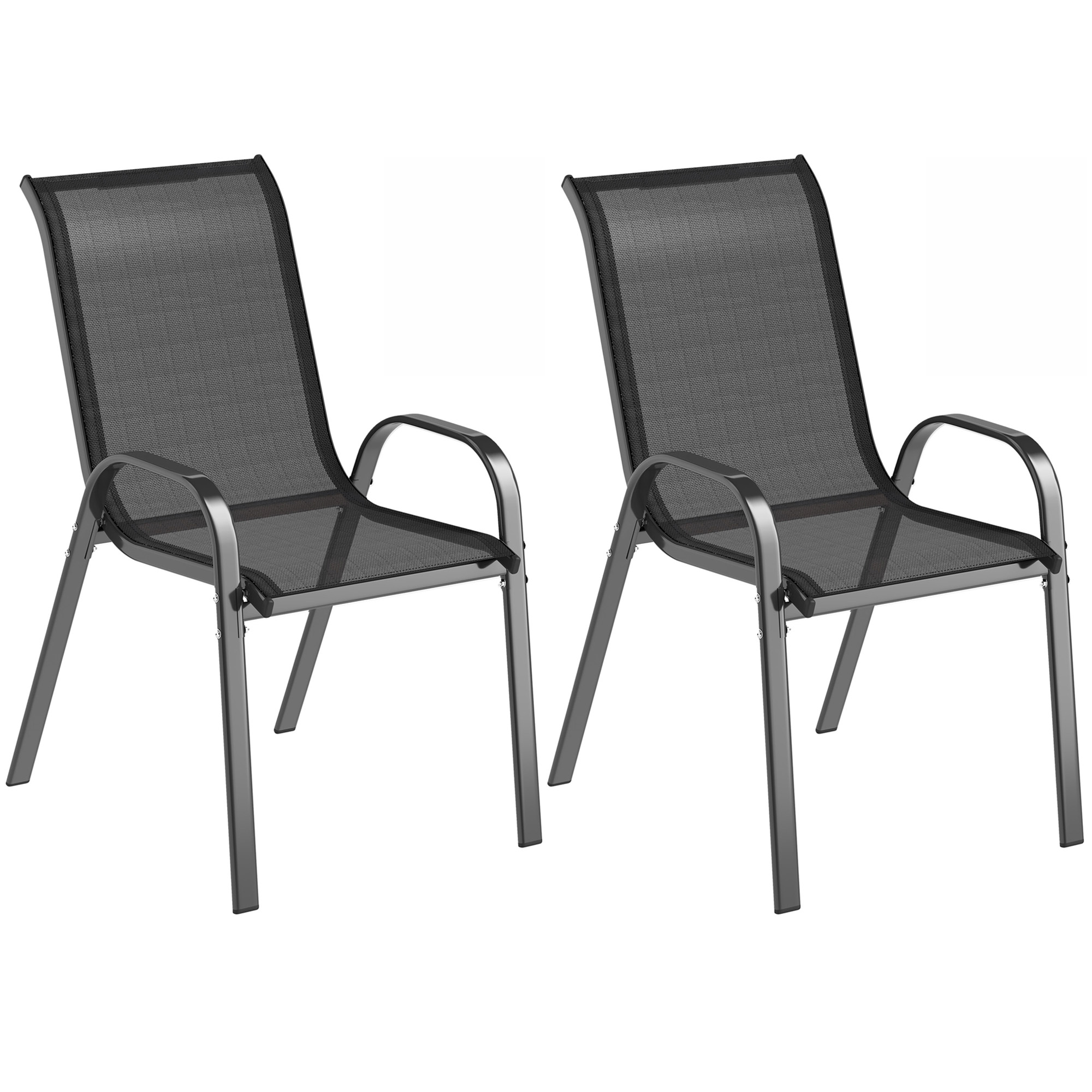 Outsunny 2er-Set Stapelbare Gartenstühle mit Armlehnen, Essstühle für den Außenbereich aus Stahl und Texteline, für Patio, Balkon, Terrasse, Außen- und Innenbereich, 54x71x93 cm, Schwarz   Aosom
