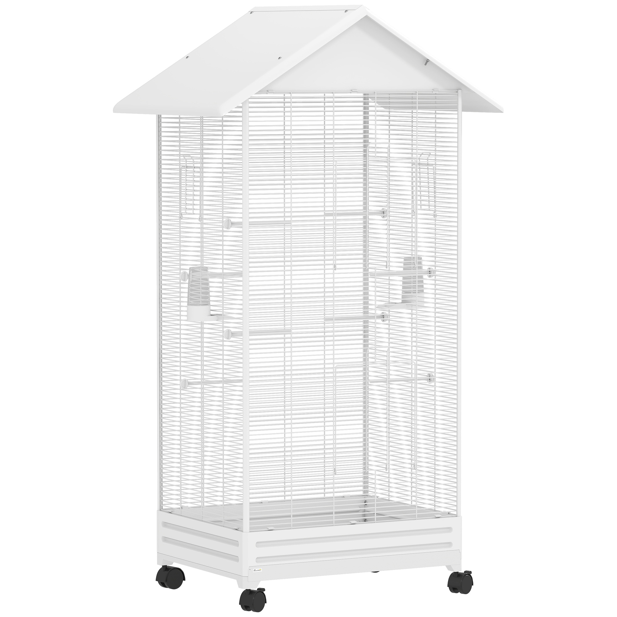 PawHut Vogelkäfig auf Rollen, 79x65x155 cm, großer Käfig mit 2 Futternäpfen, 8 Sitzstangen, 4 Türen und herausnehmbarer Schublade, Dachdesign, Voliere für Finken und Kanarien, Weiß   Aosom
