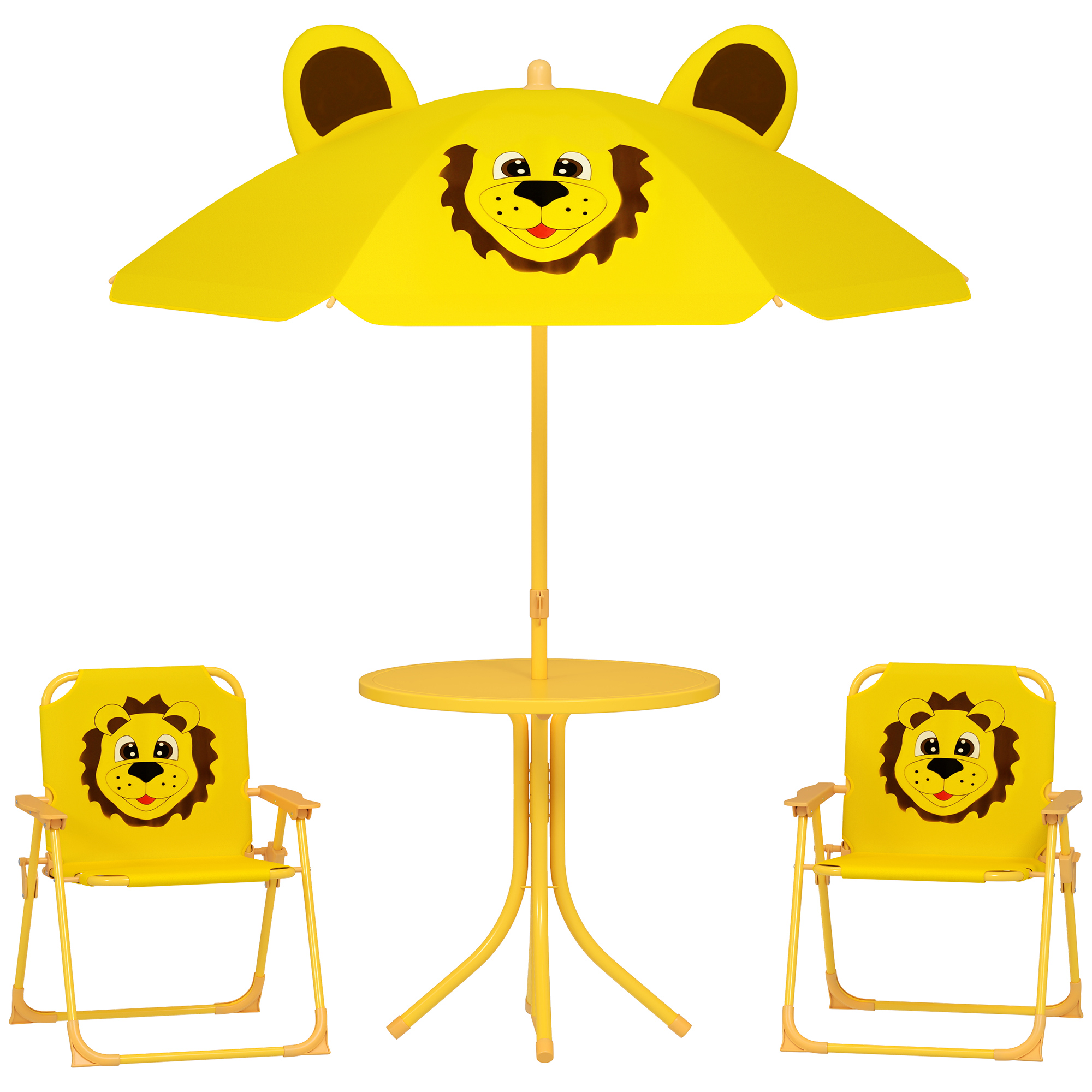 AIYAPLAY 4 tlg. Kindersitzgruppe Garten Kindersitzgarnitur mit höhenverstellbarem Sonnenschirm, Gartentisch, 2 Klappstühle, Löwen-Design für 2-5 Jahre Kinder, Gelb   Aosom