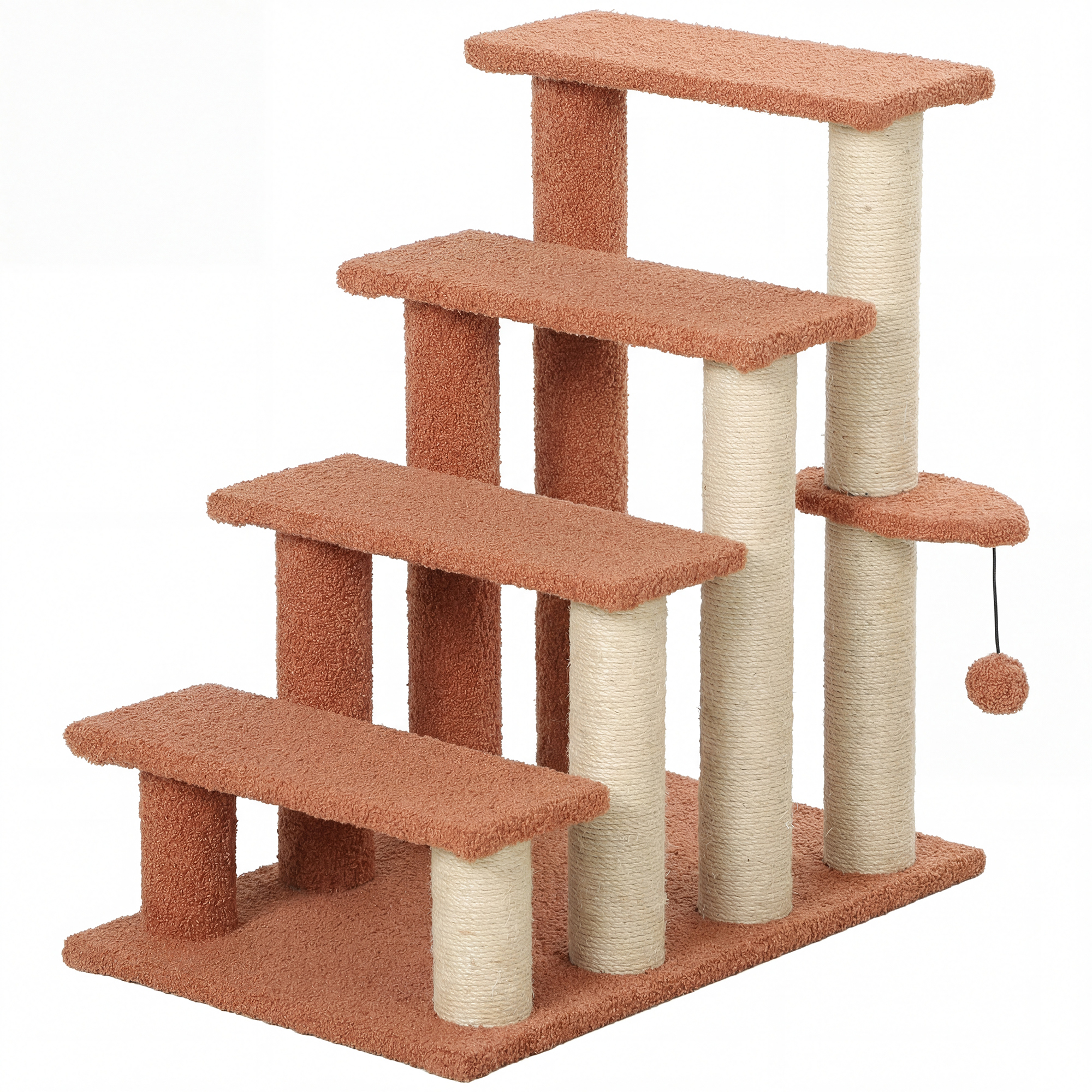 PawHut 4-stufige Katzentreppe mit Kratzbaum für Haustiere bis 5 kg, Hundetreppe mit Spielball, Plüsch, Braun, 60 x 40 x 64 cm Aosom.de
