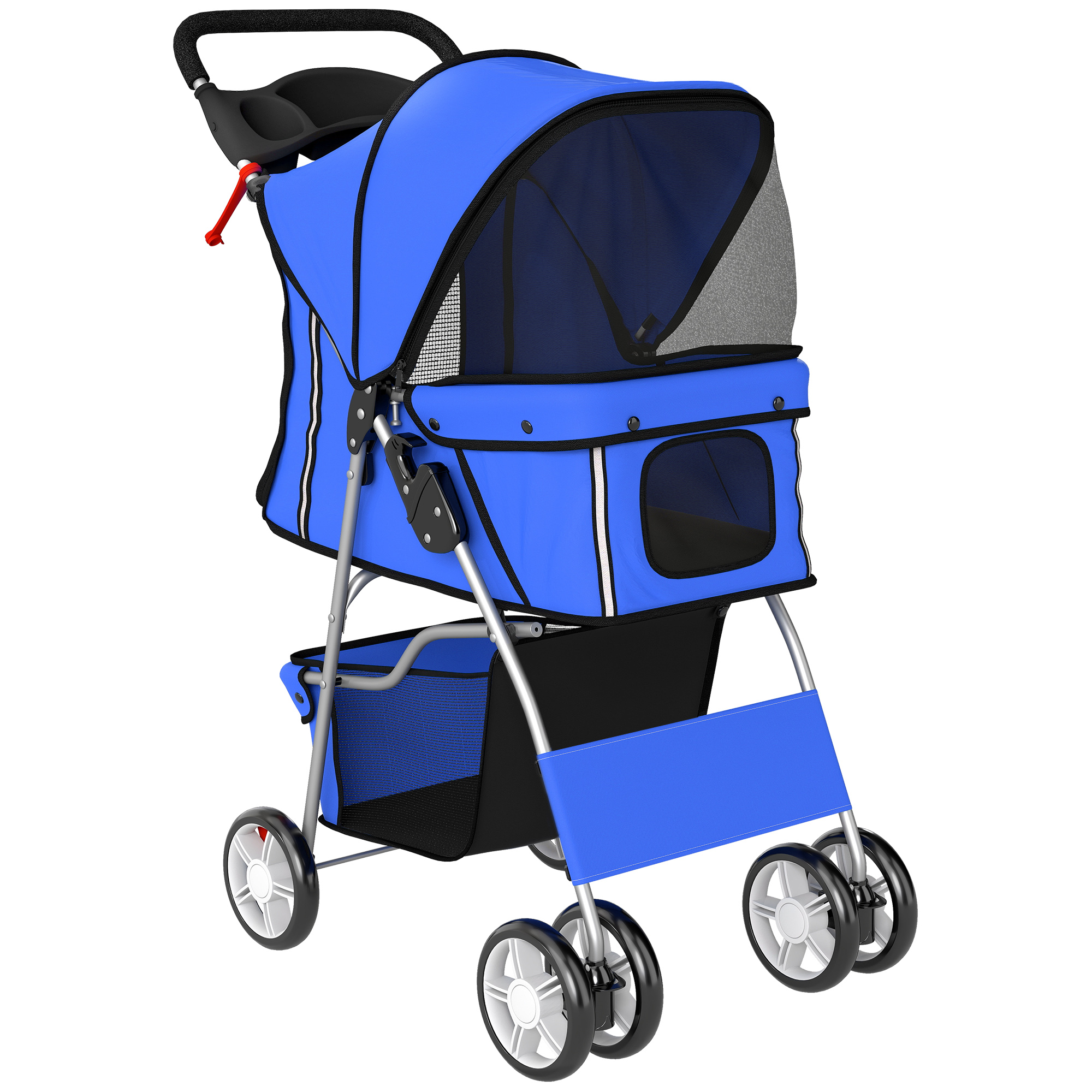 PawHut Hundewagen Hundebuggy Faltbar Katzenwagen bis 10kg mit Reflektorstreifen Aufbewahrungskorb waschbar Kissen Netzfenstern Getränkehaltern 360° drehbare Räder mit Bremse für kleine Hunde Blau Aosom
