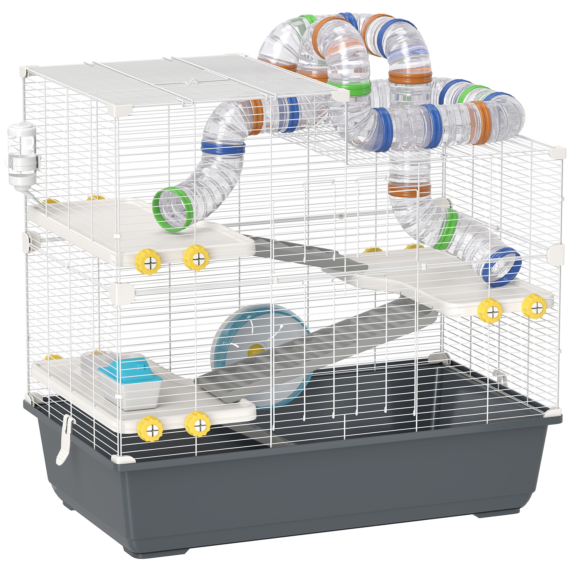 PawHut Hamsterkäfig 4 Etagen Nagerkäfig  Kleintierkäfig mit Laufrad Futternapf Tunnel Hütte Obertür, Kleintierstall Käfig für Hamster Syrischer Hamster 78 x 45 x 73 cm, Grau   Aosom