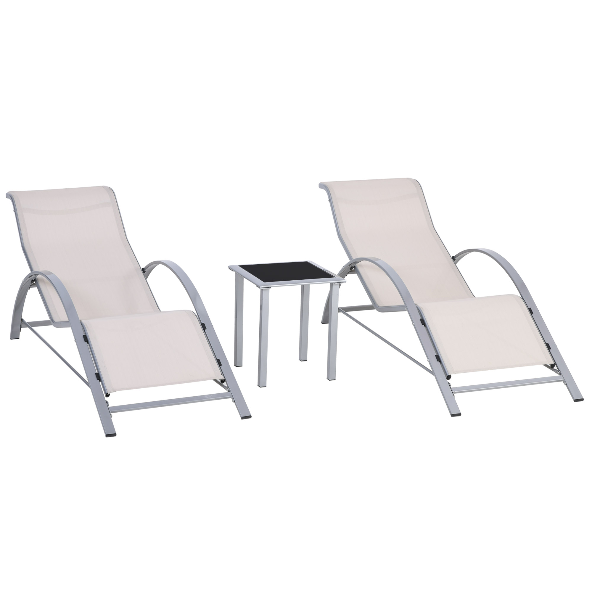 Outsunny Set 2 Gartenliegen und Beistelltisch mit Glasplatte, Sonnenliege mit atmungsaktivem Gewebe, 59x169x66 cm, Creme   Aosom