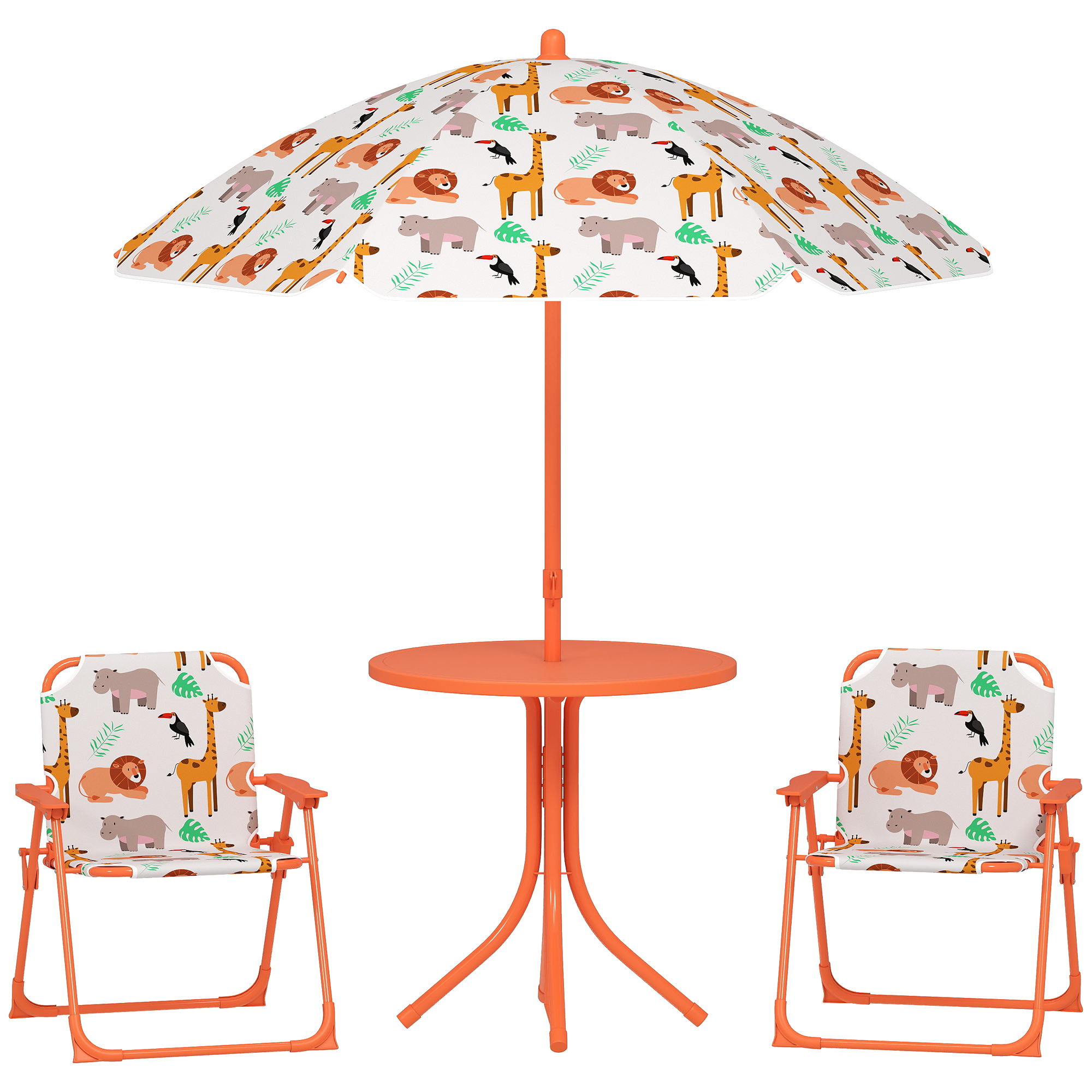 AIYAPLAY Kinder-Gartenmöbel-Set, Kindertisch mit 2 klappbaren Stühlen und Sonnenschirm Ø 100 cm, Tiermotiv, tragbares Outdoor-Möbel, Geschenk für Jungen und Mädchen 2–5 Jahre, Orange   Aosom