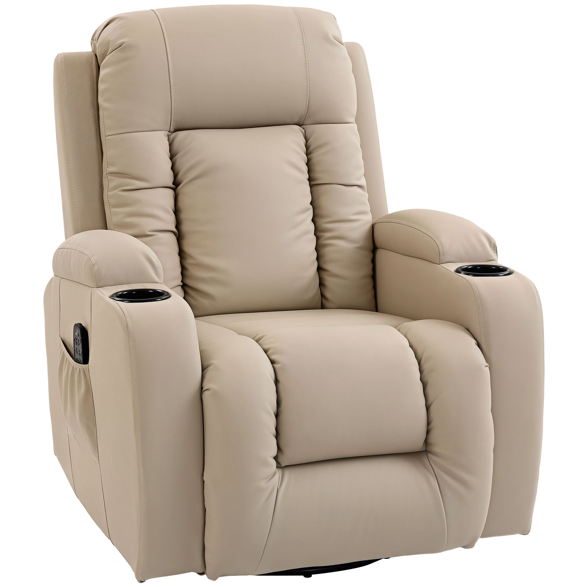 HOMCOM Relaxsessel verstellbar Massagesessel mit Liegefunktion, Heizung, Drehbar Fernsehsessel mit Wippfunktion, Becherhalter, Seitentasche, Timer, Kunstleder für Wohnzimmer Cremeweiß   Aosom