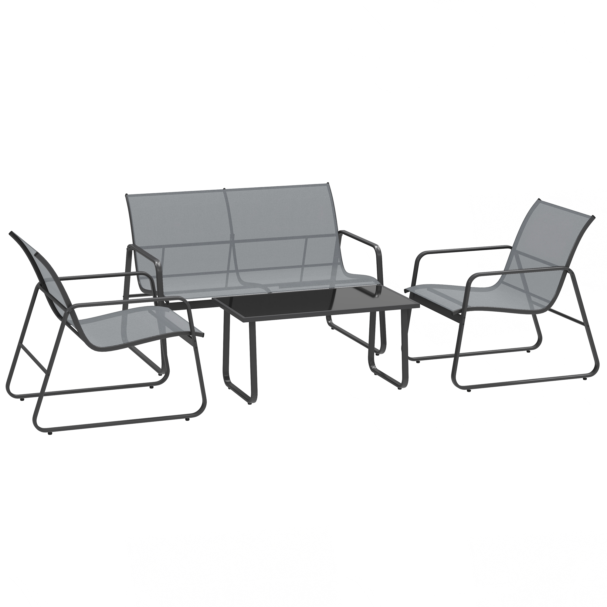 Outsunny 4-teiliges Garten-Loungeset mit 2-sitziger Bank, 2 Stühlen und Kaffeetisch mit gehärteter Glasplatte, Gartenmöbel-Set aus Metall und Texteline, Hellgrau   Aosom