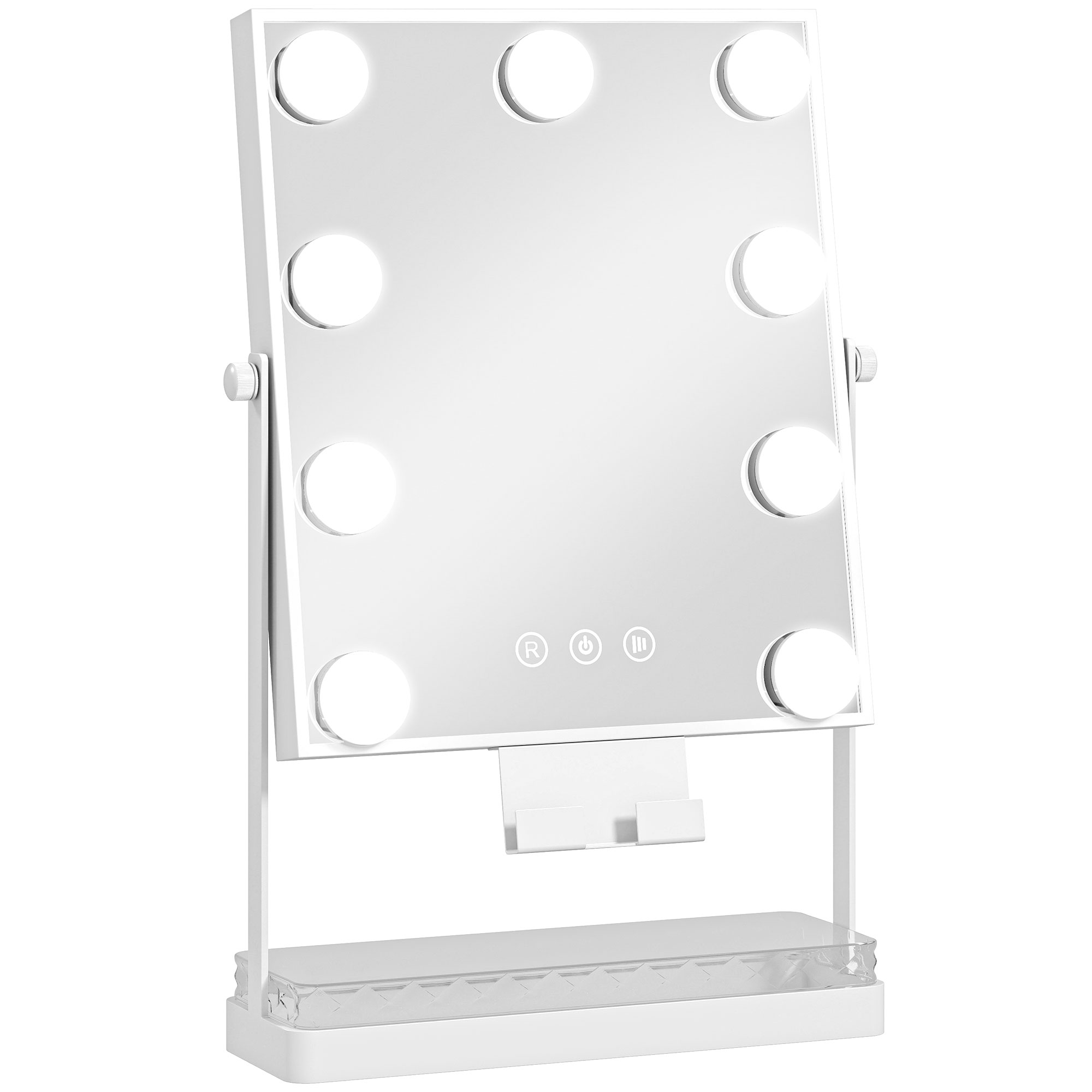 HOMCOM Hollywood Make-up-Spiegel mit Beleuchtung, drehbarer Schminkspiegel mit 9 LED-Lampen, 3 Farben, Touch-Schalter, Handyhalter und Ablage Weiß Aosom