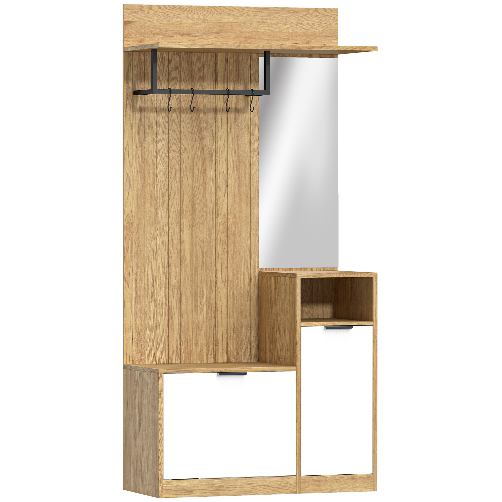 HOMCOM Garderobe mit Schuhschrank, Garderobe für Eingangsbereich mit Schuhschrank, Spiegel, Schrank, offene Regale und 4 Haken, moderner Stil, für Flur Schlafzimmer, 80x37x168 cm, Eiche   Aosom