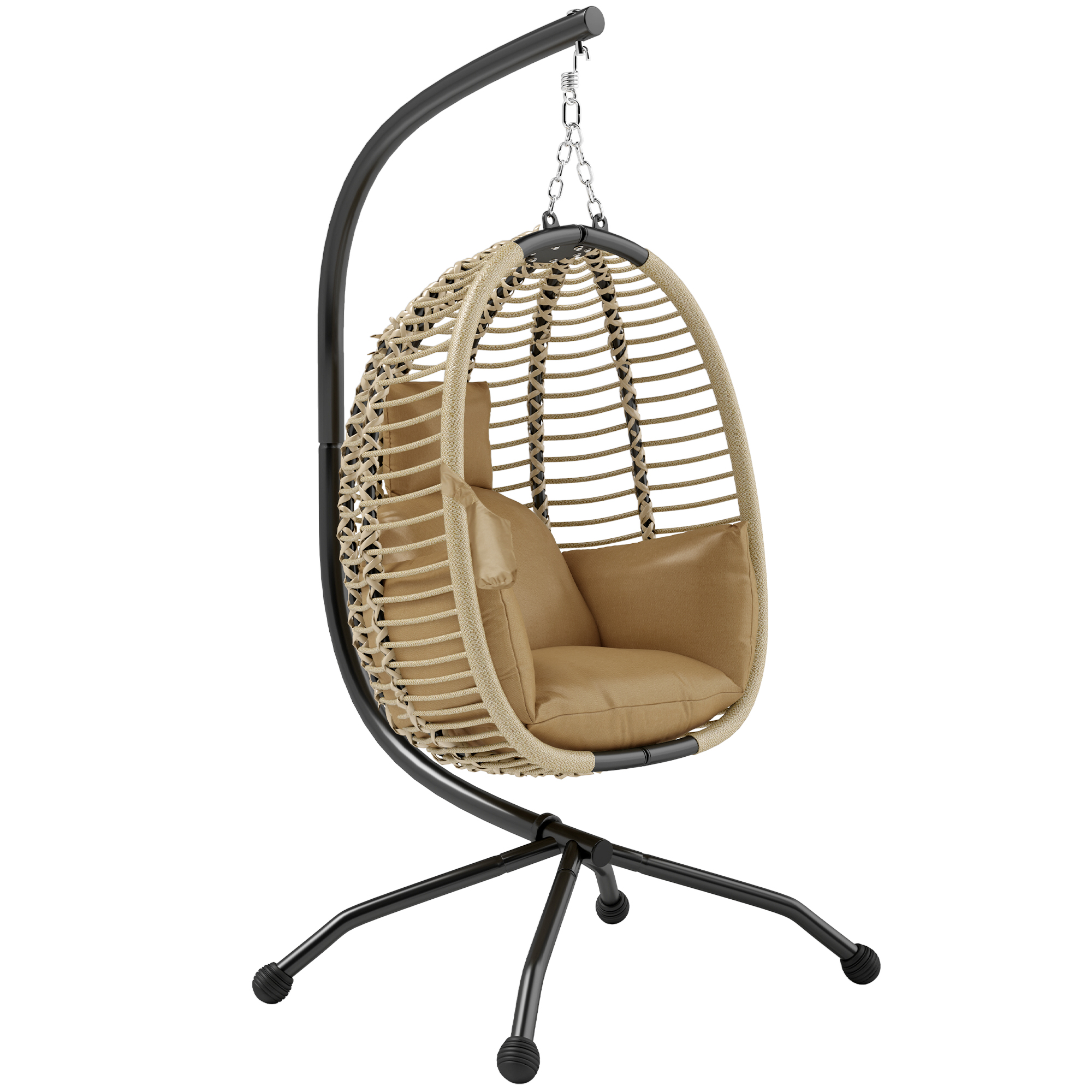 Outsunny Hängesessel mit Gestell, Faltbar Eiförmiger Hängeschaukel mit waschbarem Sitz, Becherhalter Sicherheitsseil, Hängematte Schaukelsessel Indoor Outdoor, Terrasse, Garten, Beige   Aosom