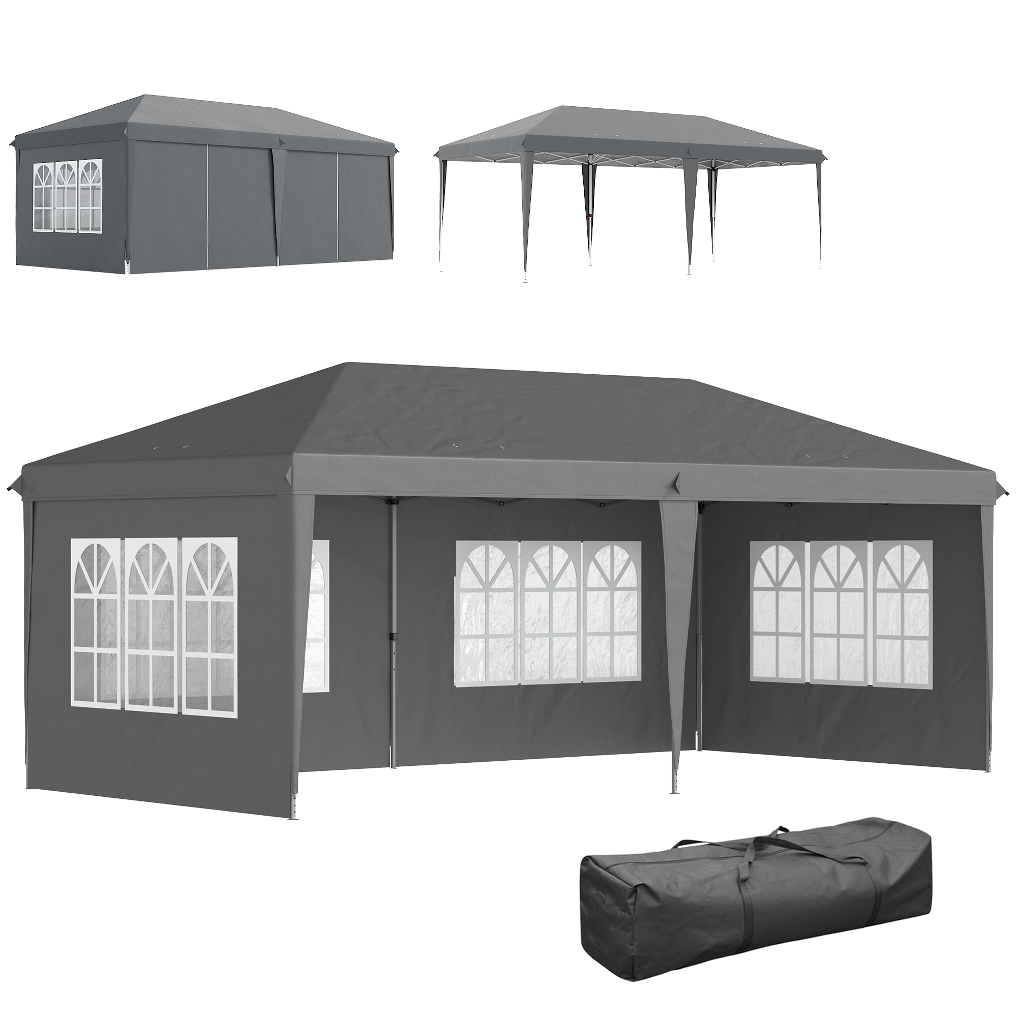 Outsunny Pavillon ca. 3x6m Wasserdicht Pop-up Faltpavillon mit 4 Seitenwänden, Fenster, Partyzelt mit UV-Schutz, Oxford Gartenpavillon inkl. Tragetasche Gartenzelt für Balkon, Terrasse, Grau   Aosom
