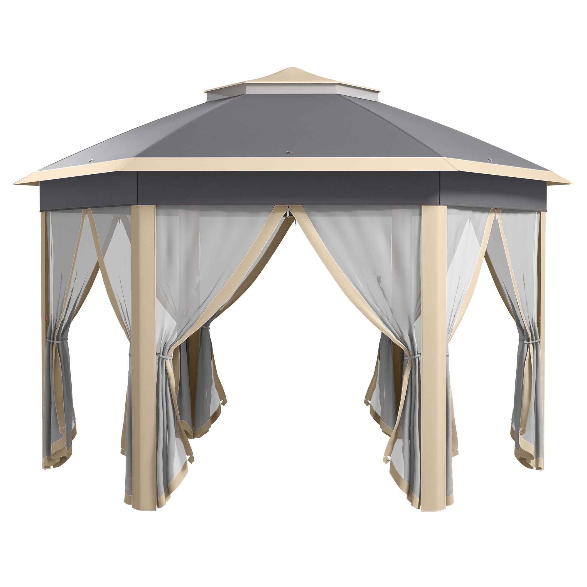 Outsunny Pavillon sechseckig 4x4m mit wasser- und UV-beständiger Abdeckung, Doppeldach, Lüftungsöffnung, Tragetasche, Polyester Beige und Khaki   Aosom.de
