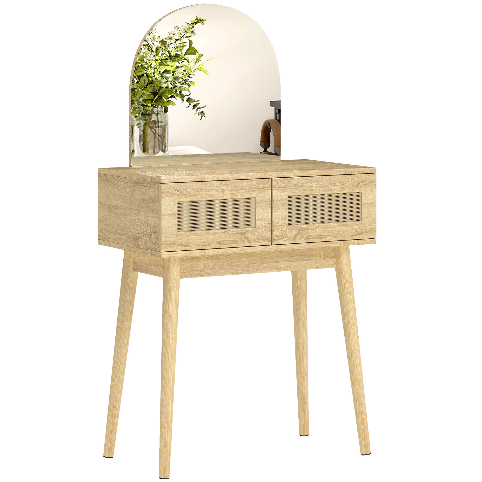 HOMCOM Schminktisch mit gewölbtem Spiegel, Schminktisch mit 2 Schubladen mit Rattan-Front, Schminktisch für Schlafzimmer, kleine Räume, natur   Aosom