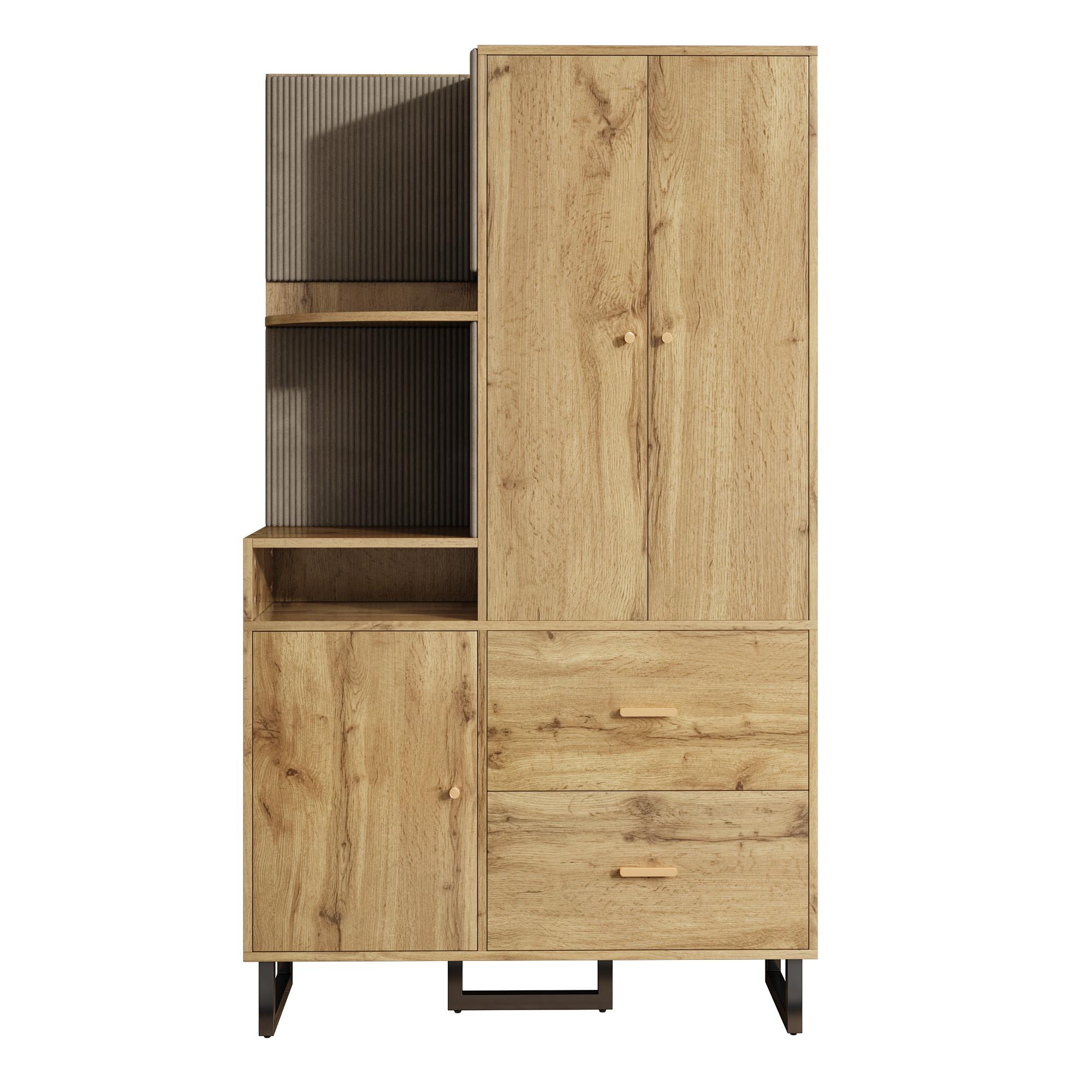 Garderobenschrank mit offenen Ablagefächern, ausziehbarer Kleiderstange, 2 geräumigen Schubladen, 110x38x186 cm, Naturfarbe