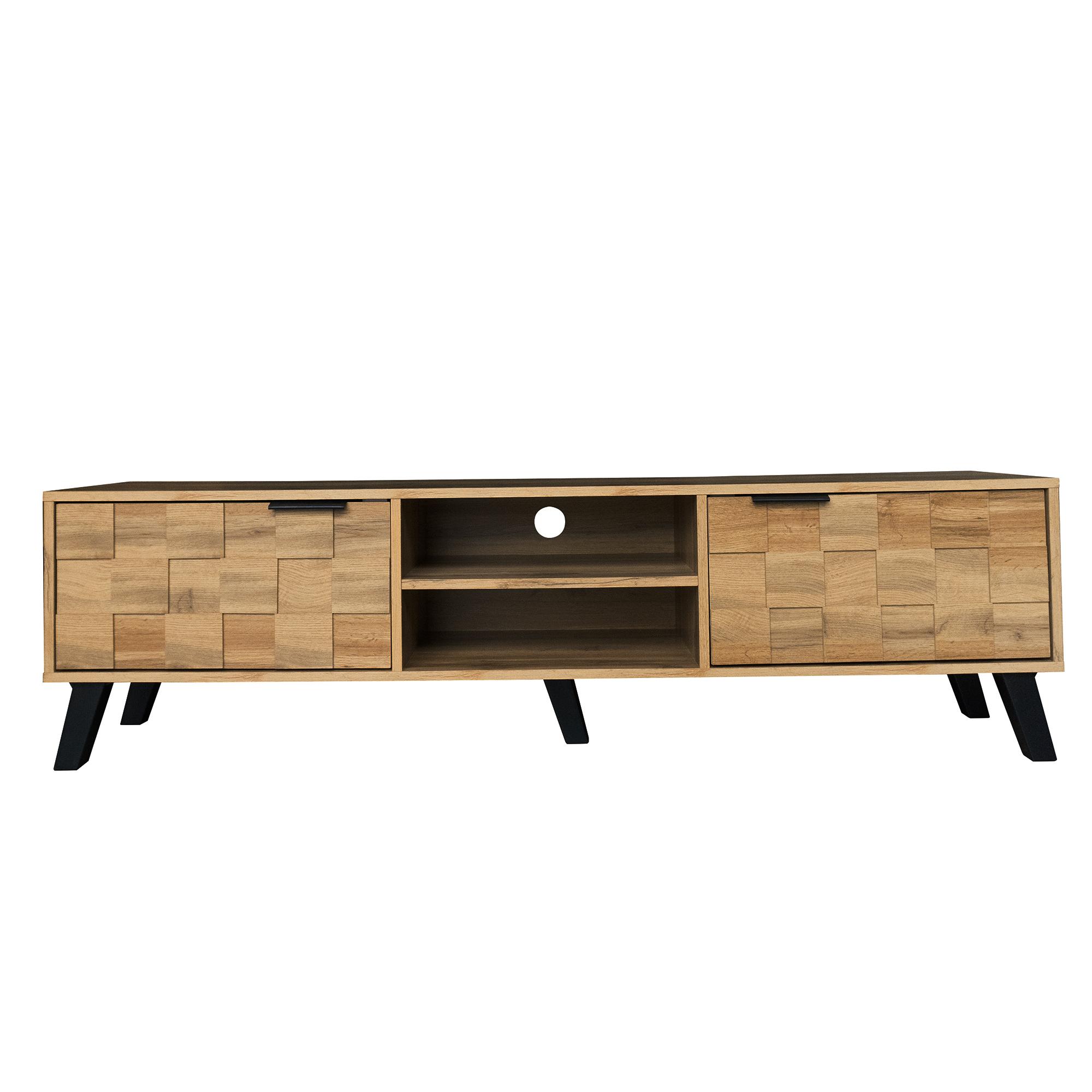 Moderner TV-Schrank mit 2 Türen und 2 offenen Fächern, großzügigem Stauraum, 160,5x35,5x45 cm, Naturfarbe