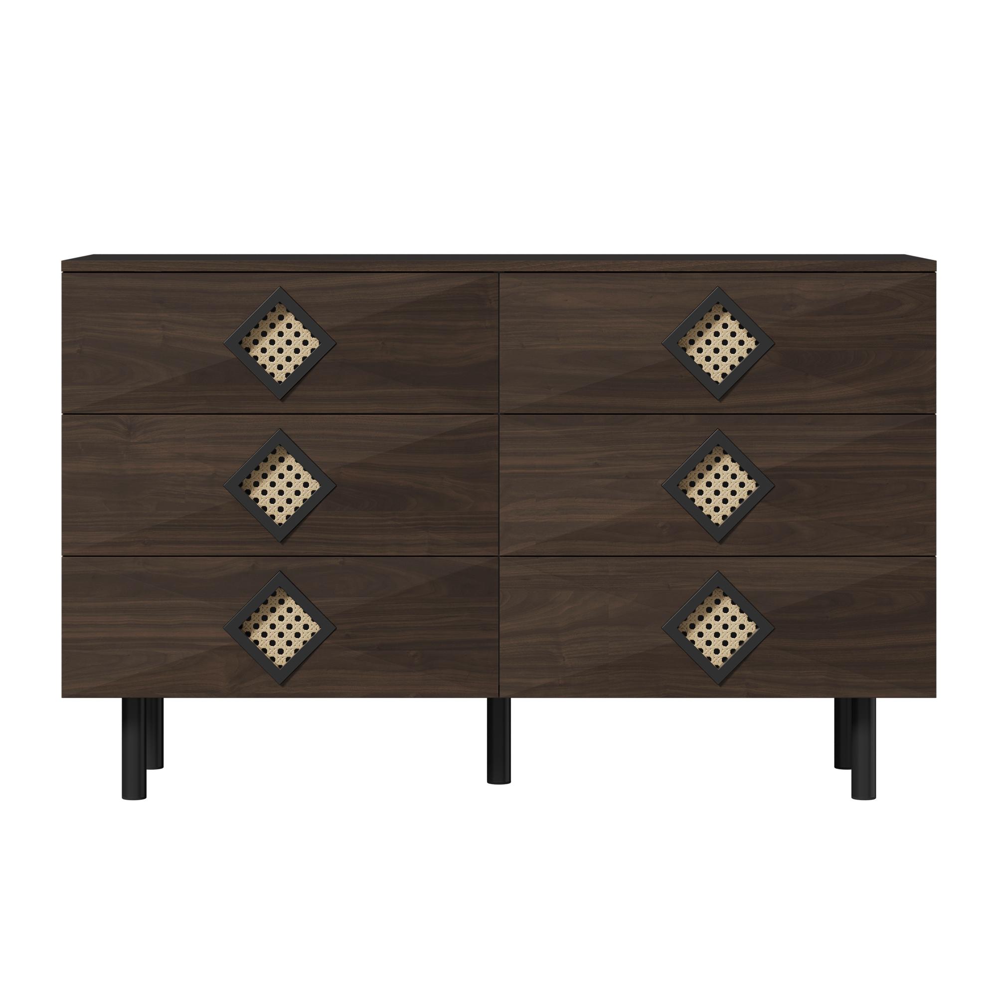 6-Schubladen-Schminktisch mit Rattan-Griffen, großer Stauraum, für Schlafzimmer und Wohnzimmer, 120x40x74,5 cm, Naturfarbe