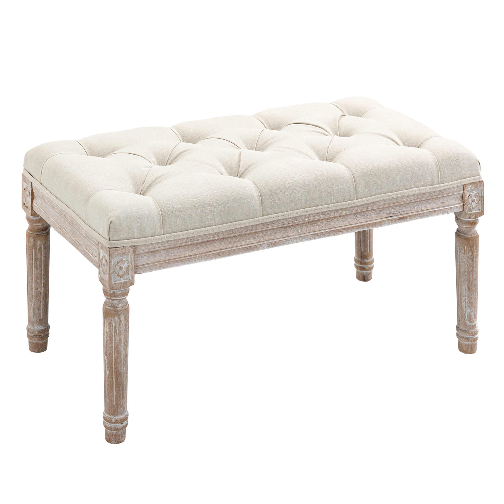 HOMCOM Sitzhocker, Polsterbank mit Leinenoptik, Fußhocker mit gepolstertem Sitz, Holzbein, Ottomane Fußstütze aus Holz, für Wohnzimmer, Schlafzimmer, Cremeweiß   Aosom