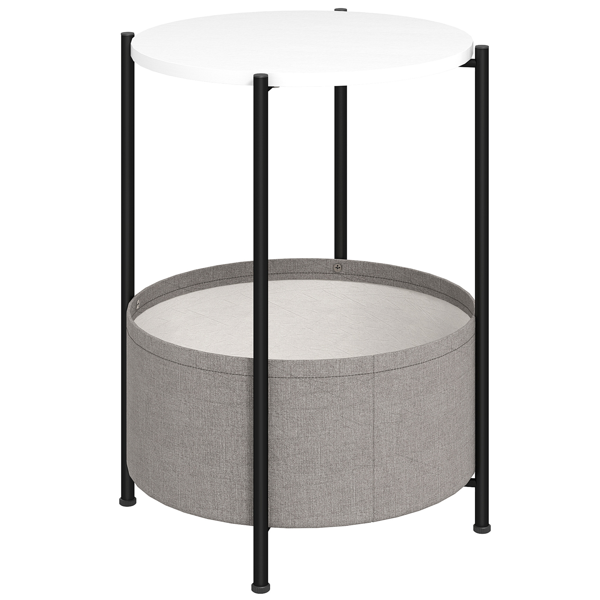 HOMCOM Beistelltisch, Couchtisch mit Korb aus Stoff, Runder Kaffeetisch mit Stauraum, für Wohnzimmer, Schlafzimmer, 44 x 44 x 56 cm, Stahl, Grau+Weiß   Aosom