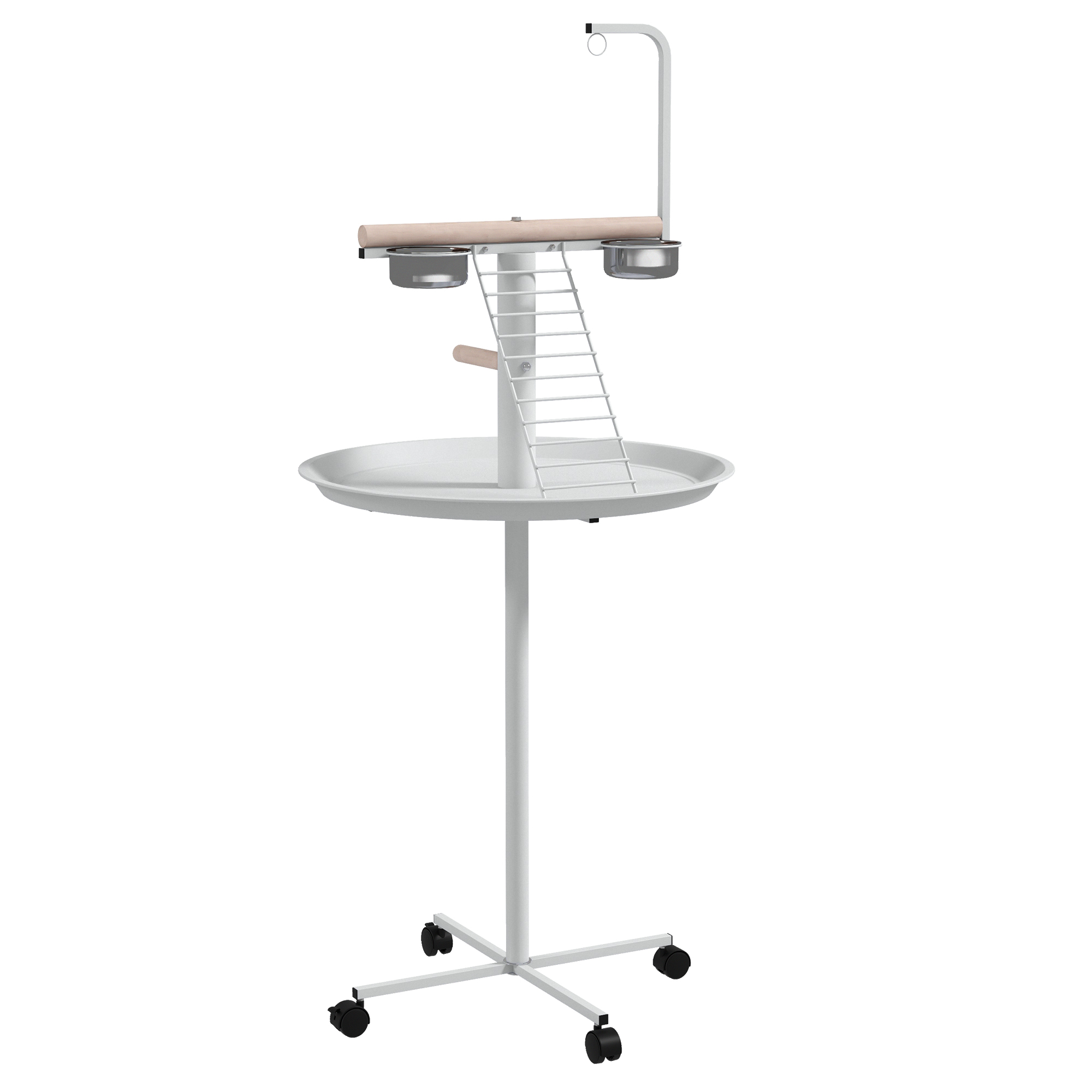 PawHut Vogelständer mit Futterstation, Rädern, Sitzstangen, Vogelfutterstation, Vogelfutterspender mit Leiter für Garten, Balkon, Stahl, Weiß Aosom