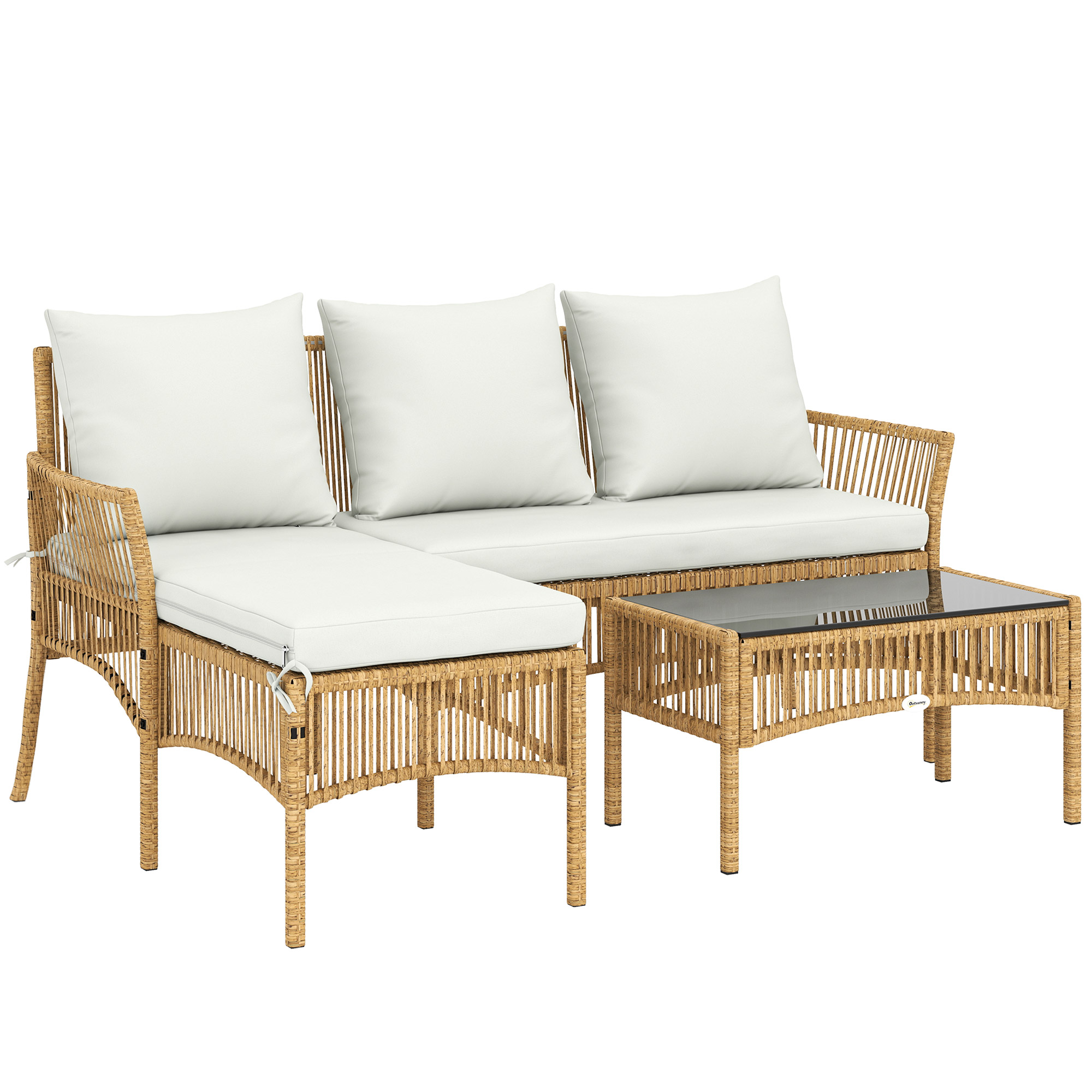Outsunny 3-teiliges Rattan-Gartenmöbel-Set, Gartenlounge mit 2‑Sitzer-Sofa, Chaiselongue, abnehmbare waschbare Kissen, Glastisch, Stahlgestell, Creme/Natur   Aosom