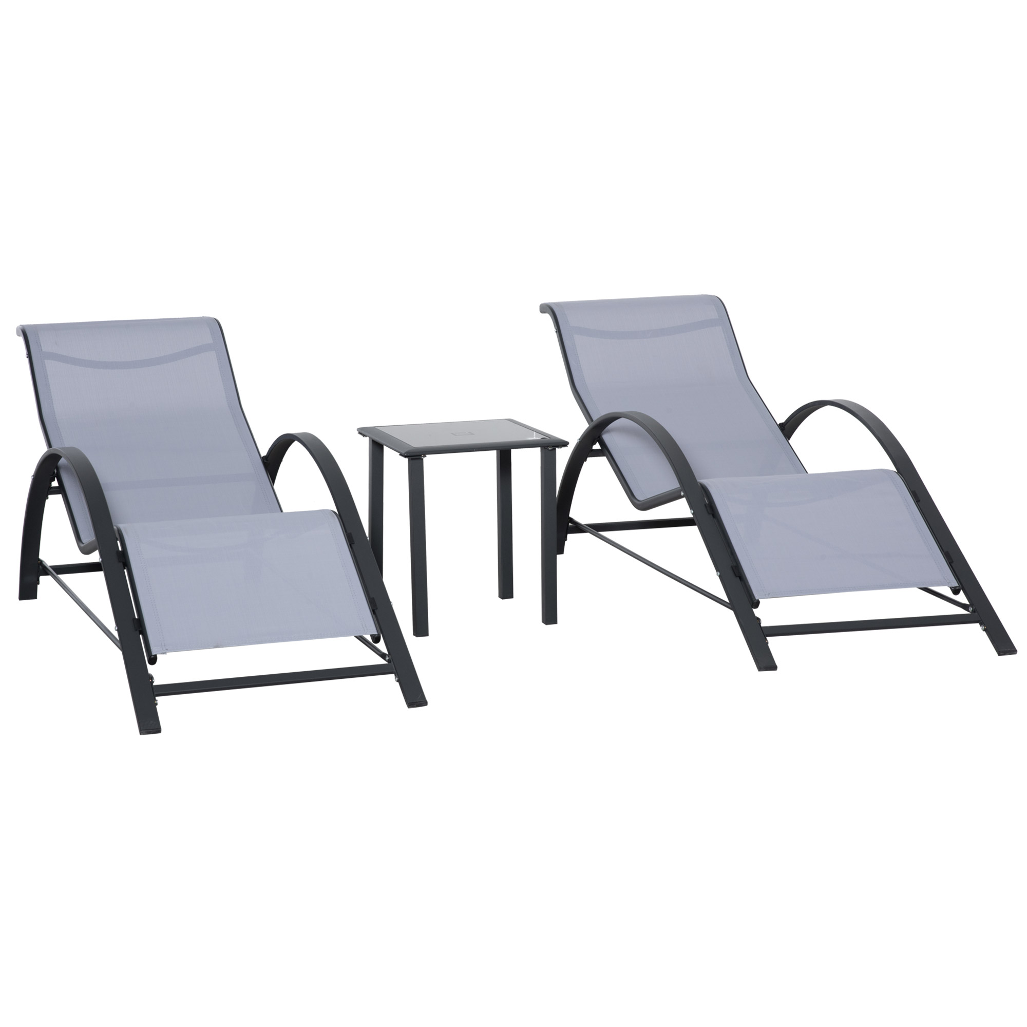 Outsunny Set 2 Gartenliegen und Glastisch, Sonnenliege mit atmungsaktivem Gewebe, 59x169x66 cm, Hellgrau   Aosom