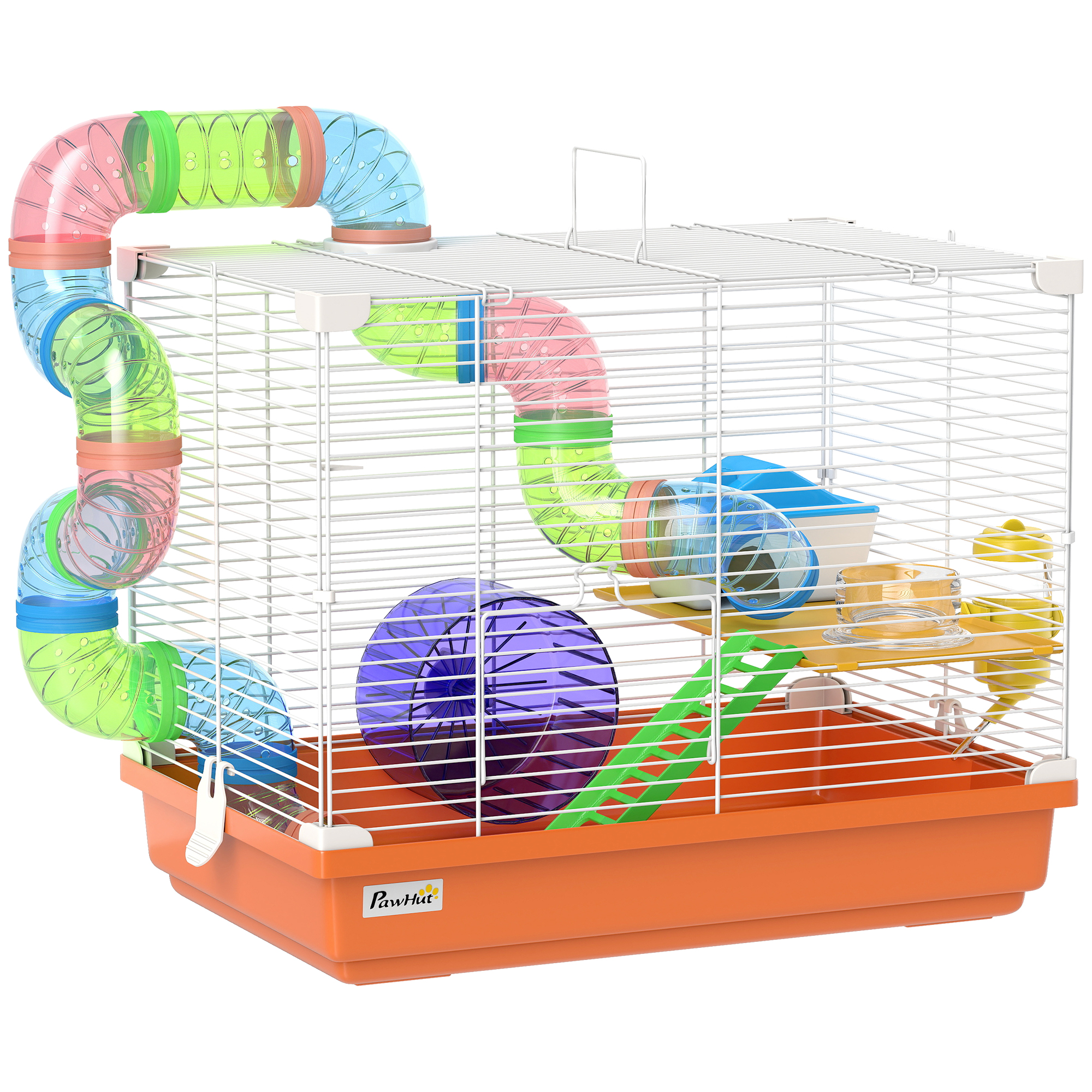 PawHut Hamsterkäfig, Hamsterhaus mit Tunnel, Schale, Trinkflasche, Häuschen, Rampe, Laufrad, Plattform und Griff, herausnehmbare Wanne, für Mäuse und Rennmäuse, 46x30x37 cm, Orange   Aosom