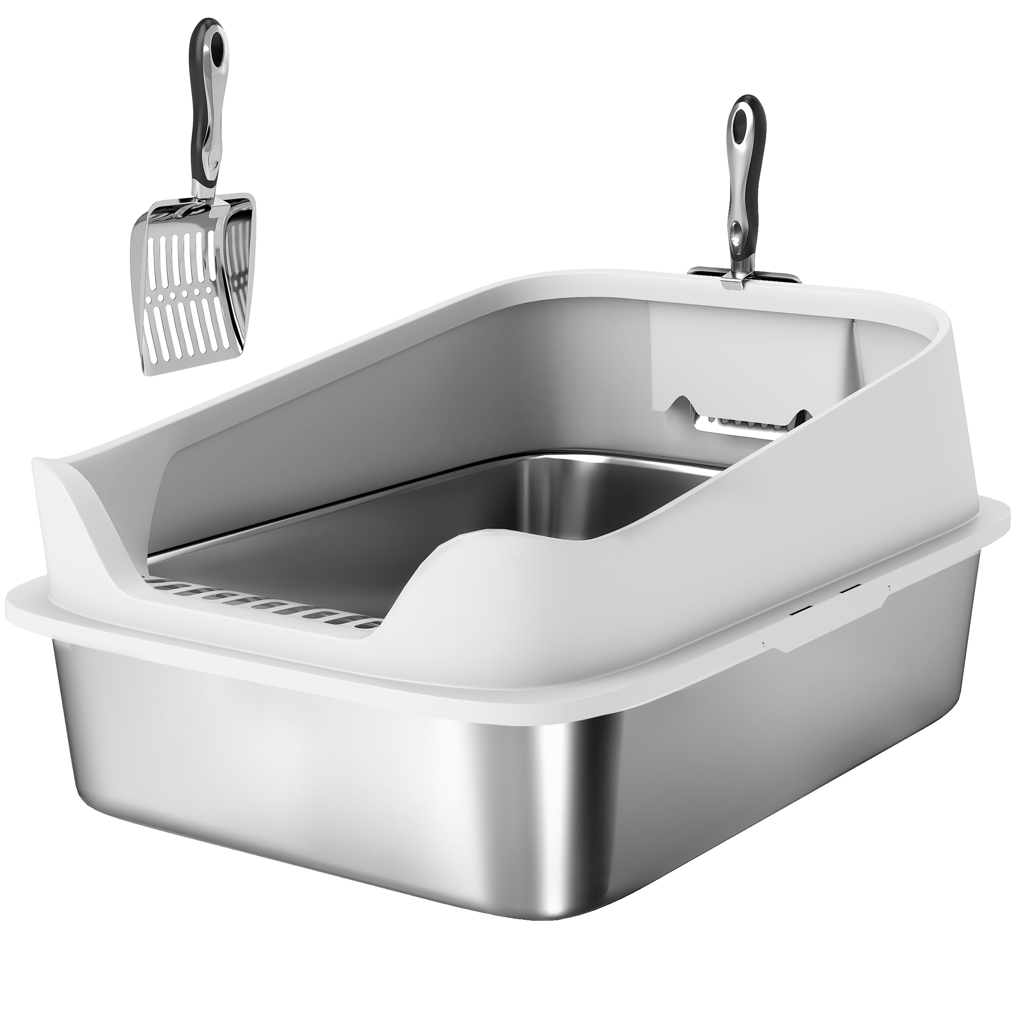 PawHut Katzentoilette Edelstahl Offene Katzenklo ohne Deckel Katzentoilette mit Schaufel hohem Rand XXL Cat Litter Box für große Katzen bis 7 kg, 60,2 x 40,2 x 29,7 cm, Grau   Aosom