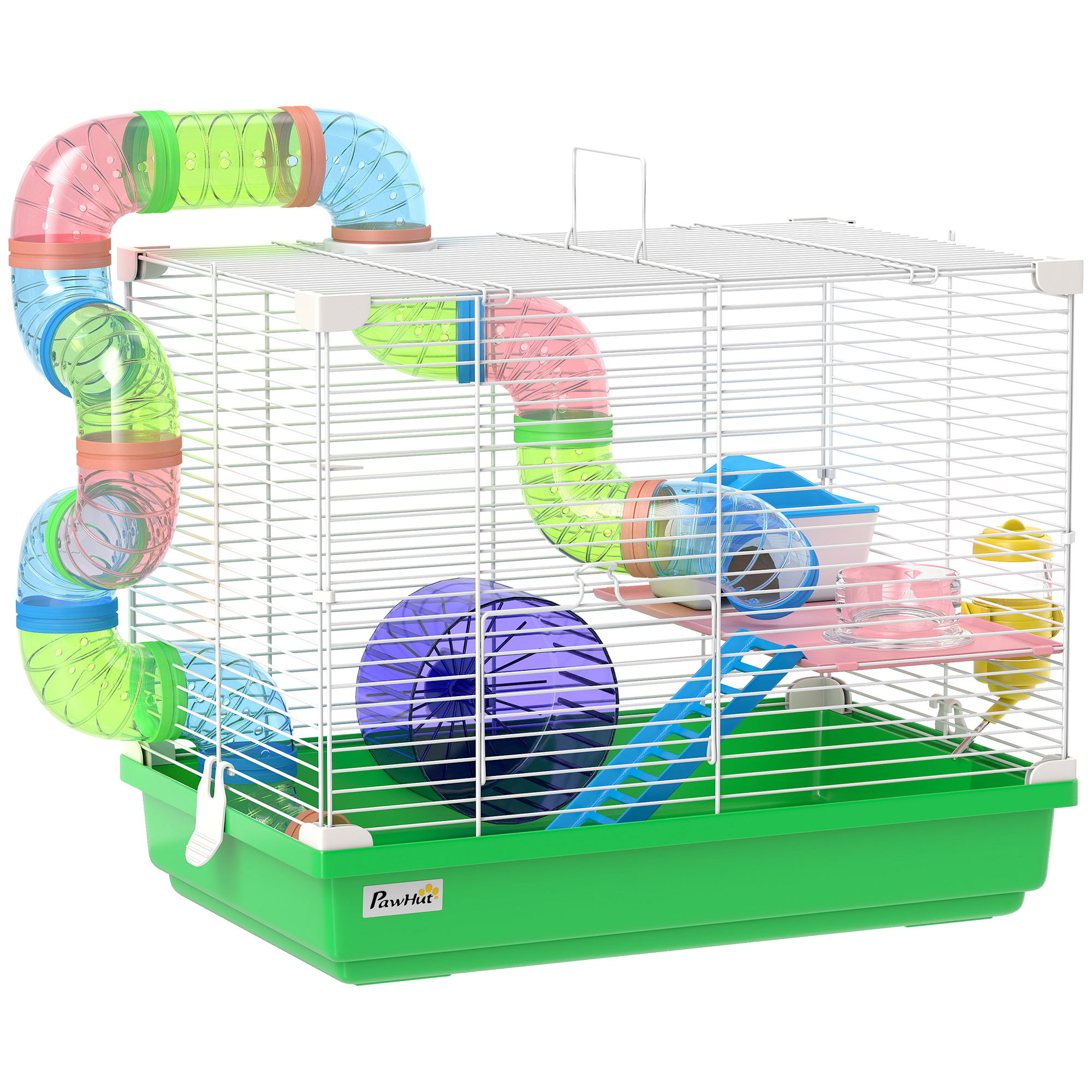 PawHut Hamsterkäfig, Hamsterhaus mit Tunnel, Napf, Trinkflasche, Häuschen, Rampe, Laufrad, Plattform und Griff, herausnehmbare Schale, für Mäuse und Rennmäuse, 46x30x37 cm, Grün   Aosom