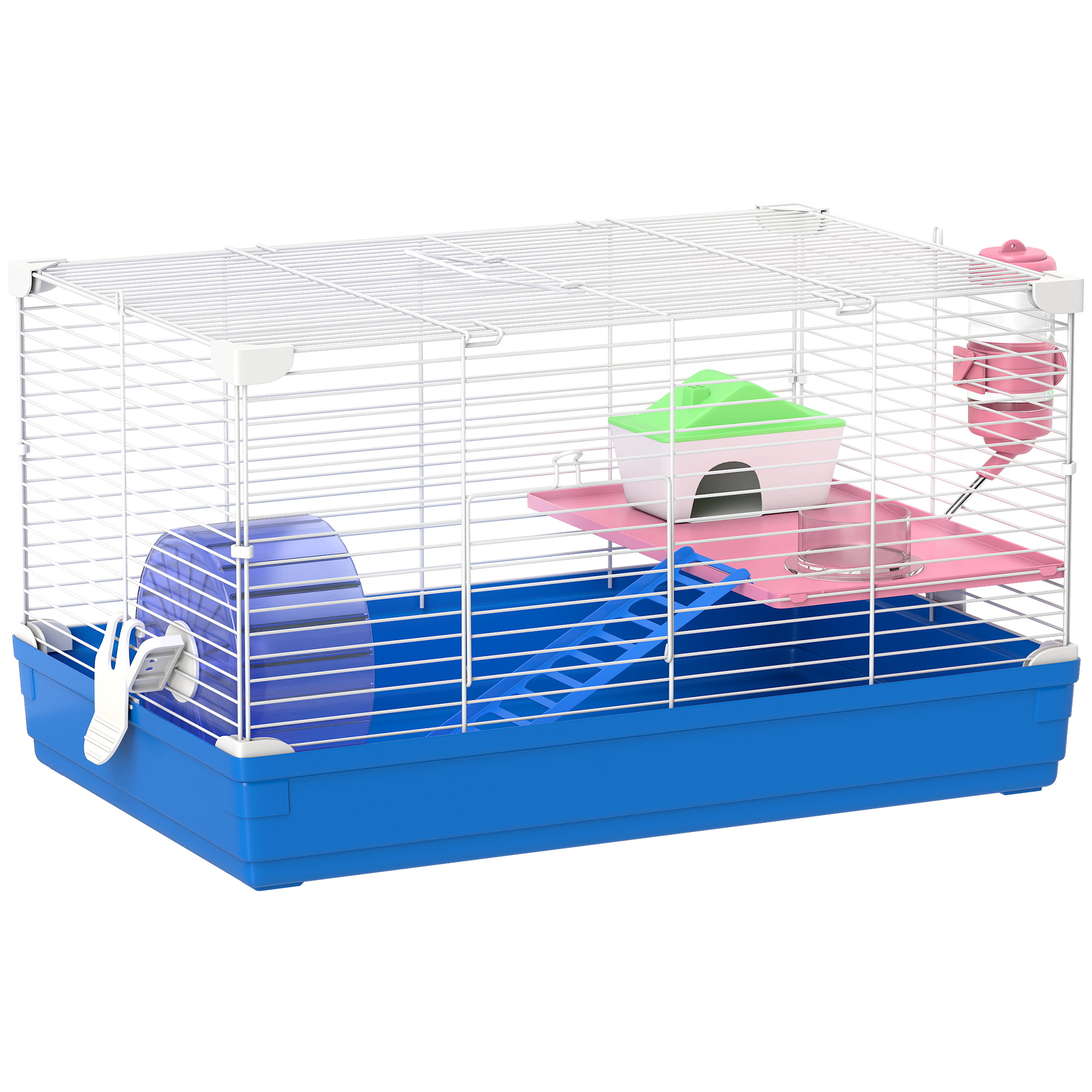 PawHut Hamsterkäfig, Haus für kleine Nager mit Laufrad, Futternapf, Tränke, Häuschen, Rampen, Plattform, abnehmbare Bodenwanne, für Rennmäuse, 47x30x27 cm, Blau   Aosom