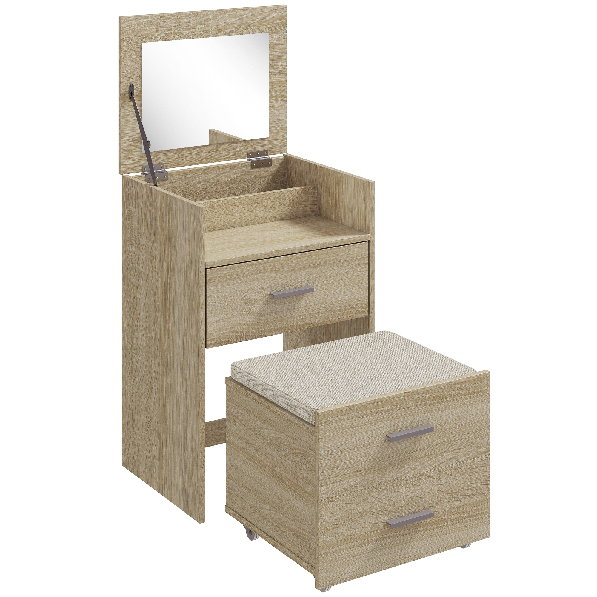 HOMCOM Schminktisch mit Klappspiegel, Versenkbarer Hocker mit Rollen, Schminktisch mit Schubladen, Abnehmbares waschbares Kissen in Leinenoptik, Fächer, Platzsparend, Natur   Aosom