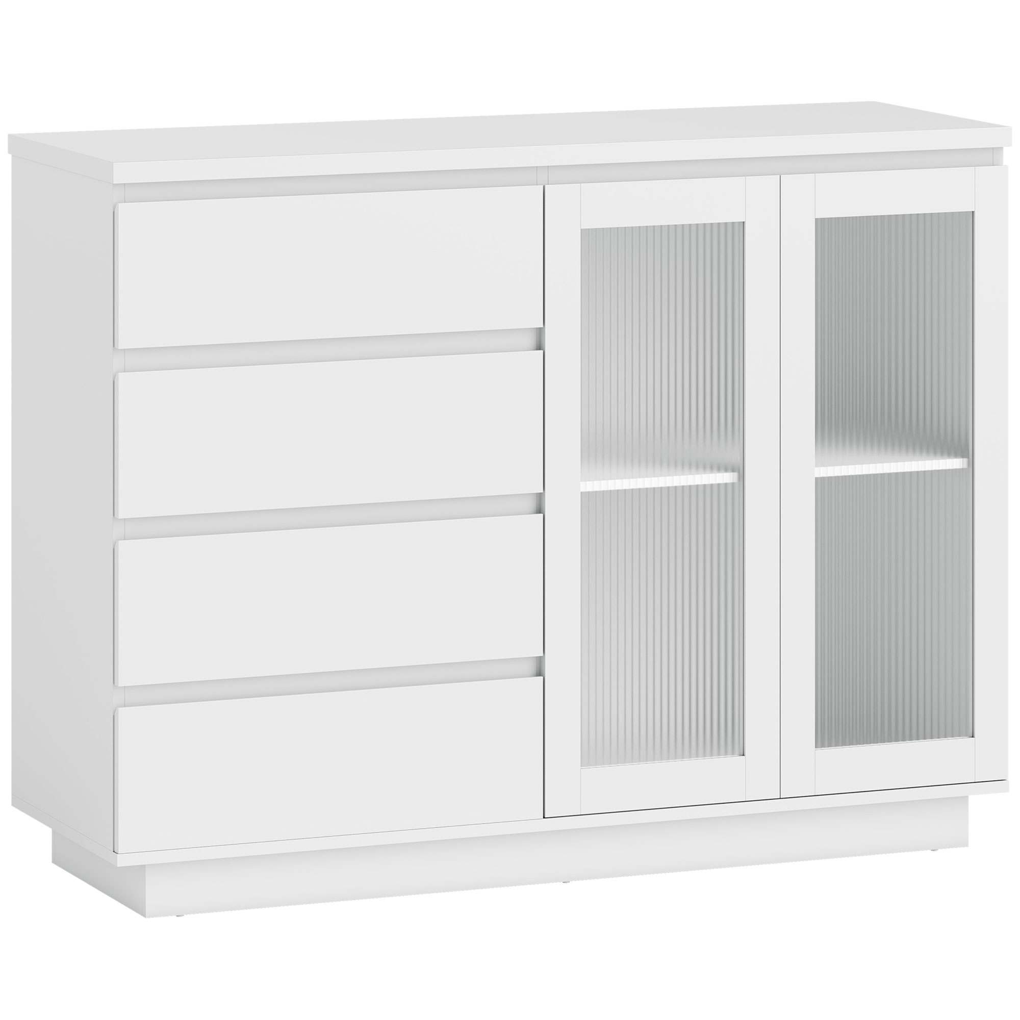 HOMCOM Sideboard, Beistellschrank mit 4 Schubladen, 2 Soft-Close-Glastüren, Küchenschrank, Aufbewahrungsschrank mit verstellbarem Einlegeboden für Wohnzimmer, 120 x 40 x 91 cm, Weiß   Aosom