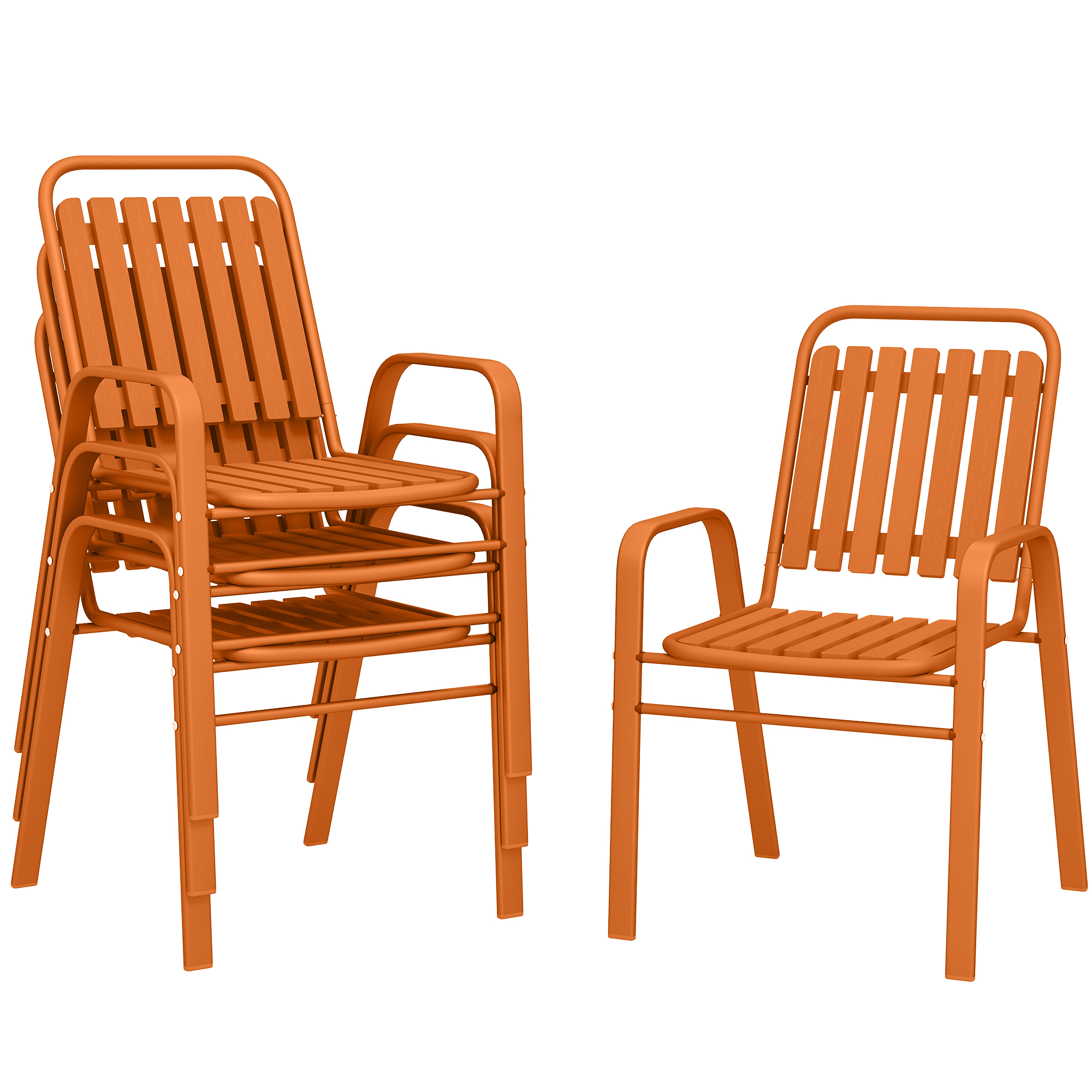 Outsunny Set 4 stapelbare Gartenstühle mit hoher Rückenlehne und Armlehnen, Outdoor-Stühle aus PP-Kunststoff und Stahl, für Patio, Balkon, Terrasse, Außen- und Innenbereich, 56x66x91 cm, Orange   Aosom