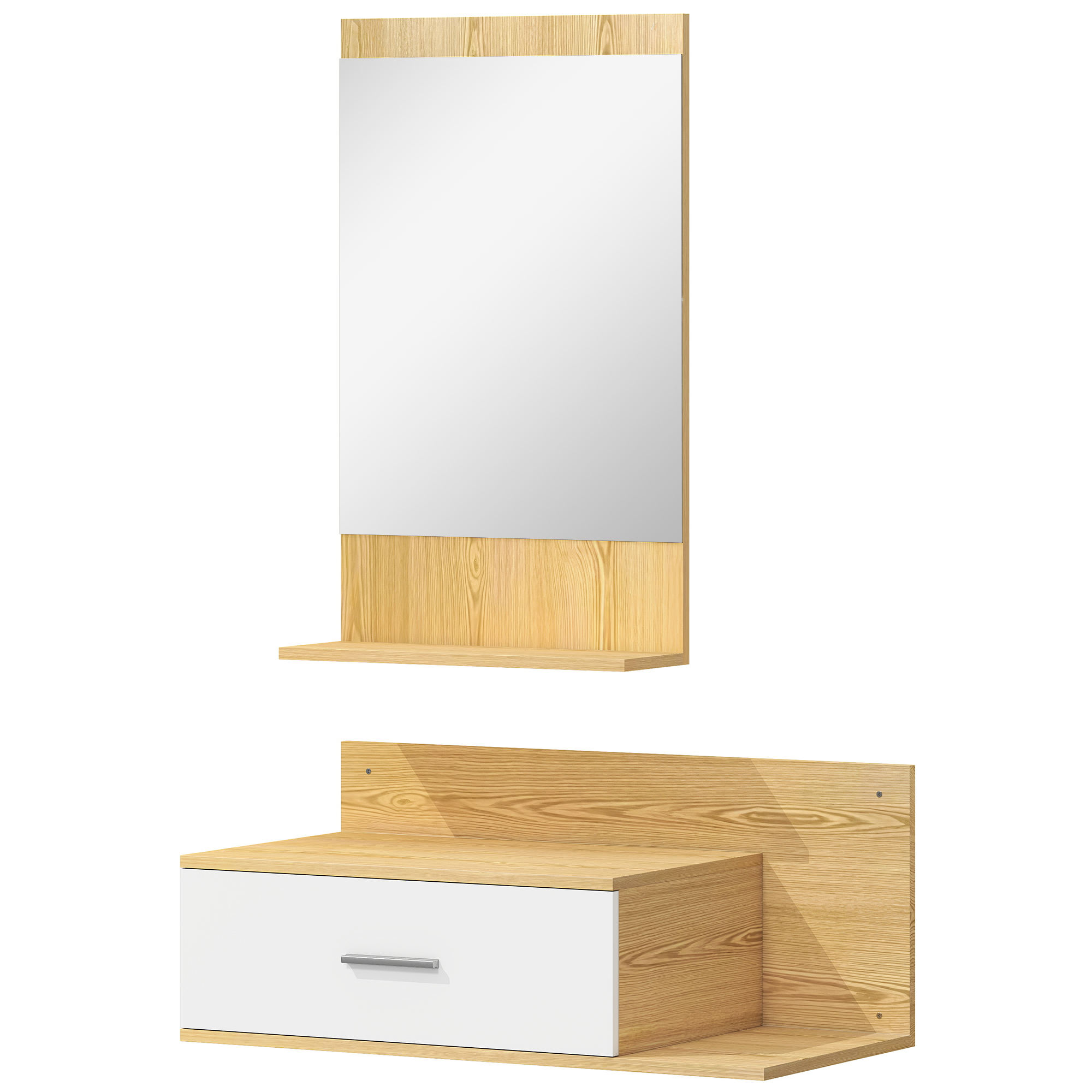 HOMCOM Wandanbau-Badmöbel mit Spiegel und Stauraum, Spiegel mit Schublade & 2 offenen Ablagen, Naturholz-Optik Aosom