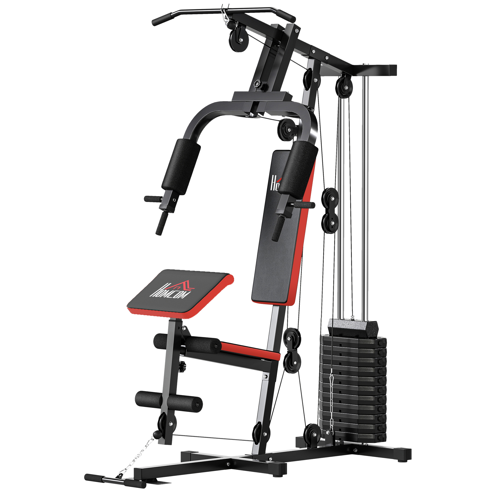 HOMCOM Power Tower mit gepolsterter Sitz- und Rückenlehne, 65 kg Gewichte, Fitnessstation mit Brustpresse, Butterfly, Beincurl, Hantelscheiben und Klimmzug- & Dip-Stange für Home Gym, 135x103x210cm, Schwarz Rot   Aosom
