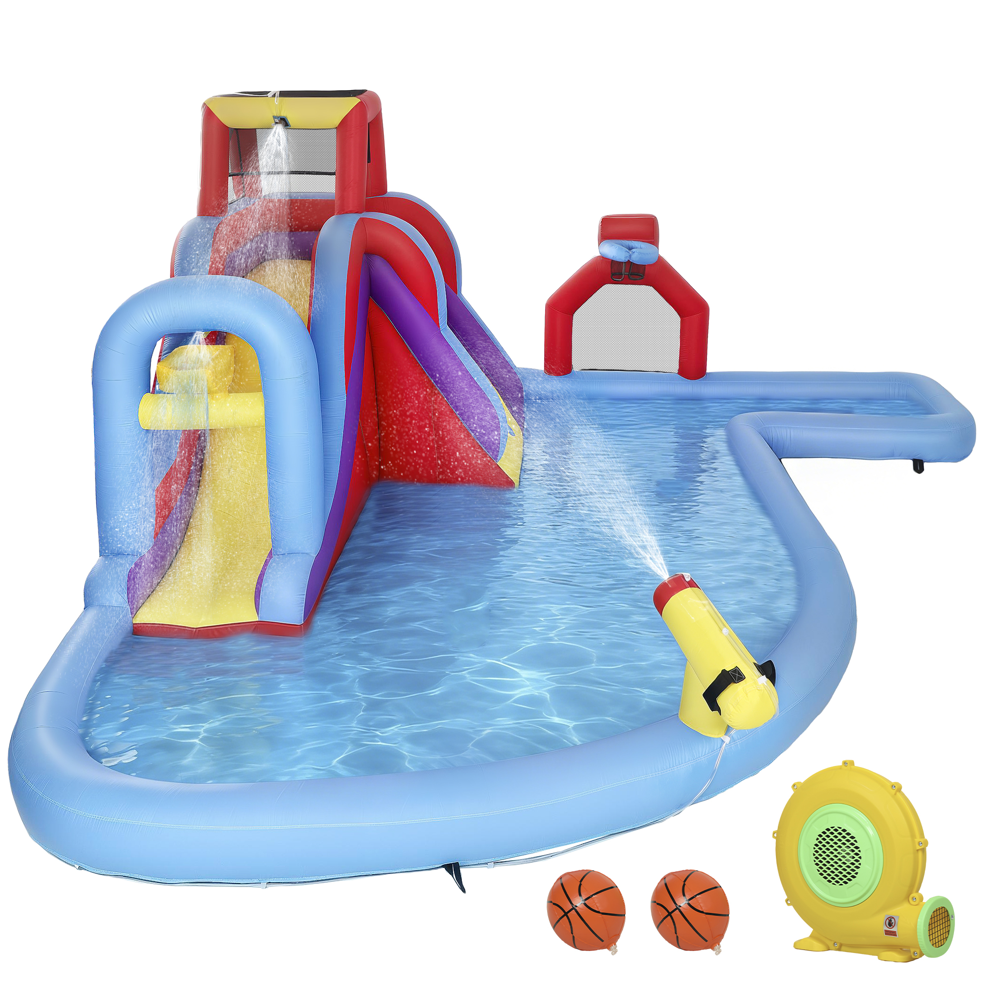 AIYAPLAY Wasseraufblasbares Schloss mit Gebläse 550W 6-in-1 Aufblasbarer Spielplatz für Kinder mit Rutsche Kletterwand Pool Basketballkorb Fußballtor Außen Innen 470x445x205 cm   Aosom