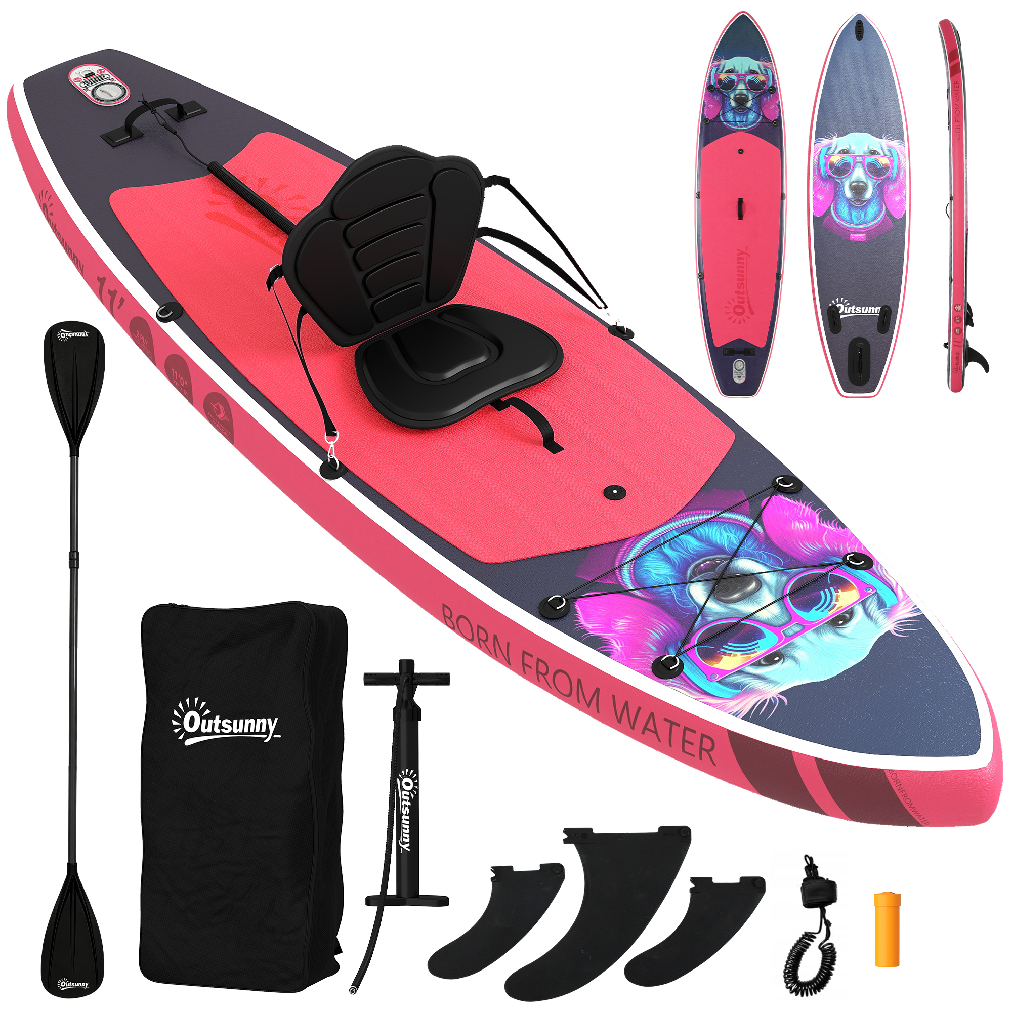 Outsunny Aufblasbares SUP für Erwachsene, 335 cm Extra-Lang Stand Up Paddle Board mit Sitz, Konvertierbarem Paddel, Rutschfester Fläche, Rucksack, Pumpe, 3 Finnen, Wasserdichter Handytasche, Tragfähigkeit 180kg   Aosom