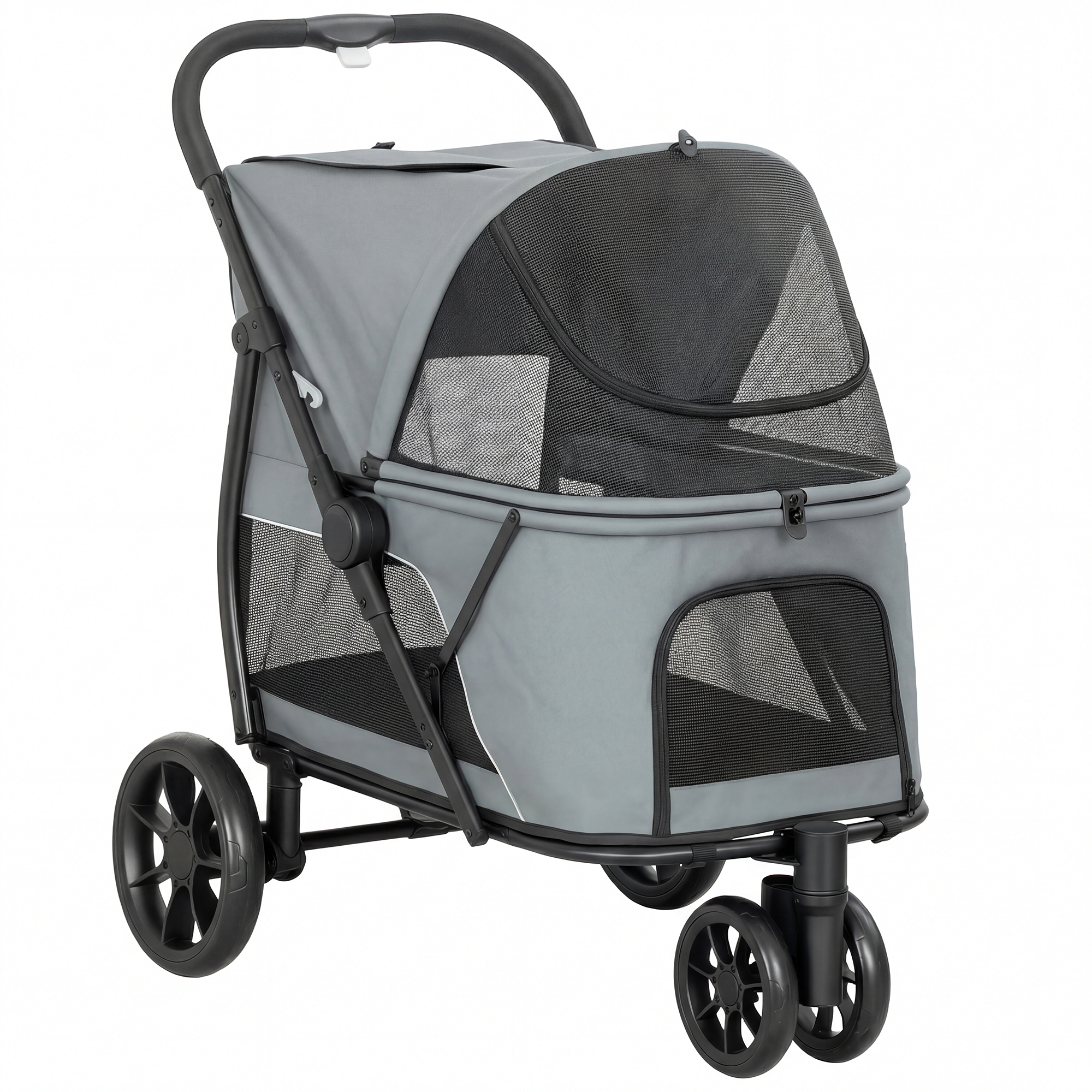PawHut zusammenklappbarer Hundebuggy, Hundewagen für mittelgroße Hunde mit 3 Rädern, Netzfenstern, waschbarem Kissen, Tasche, Sicherheitsgurten, Bremsen, geländetauglich, Traglast 20 kg, 92x63x95 cm, Grau Aosom