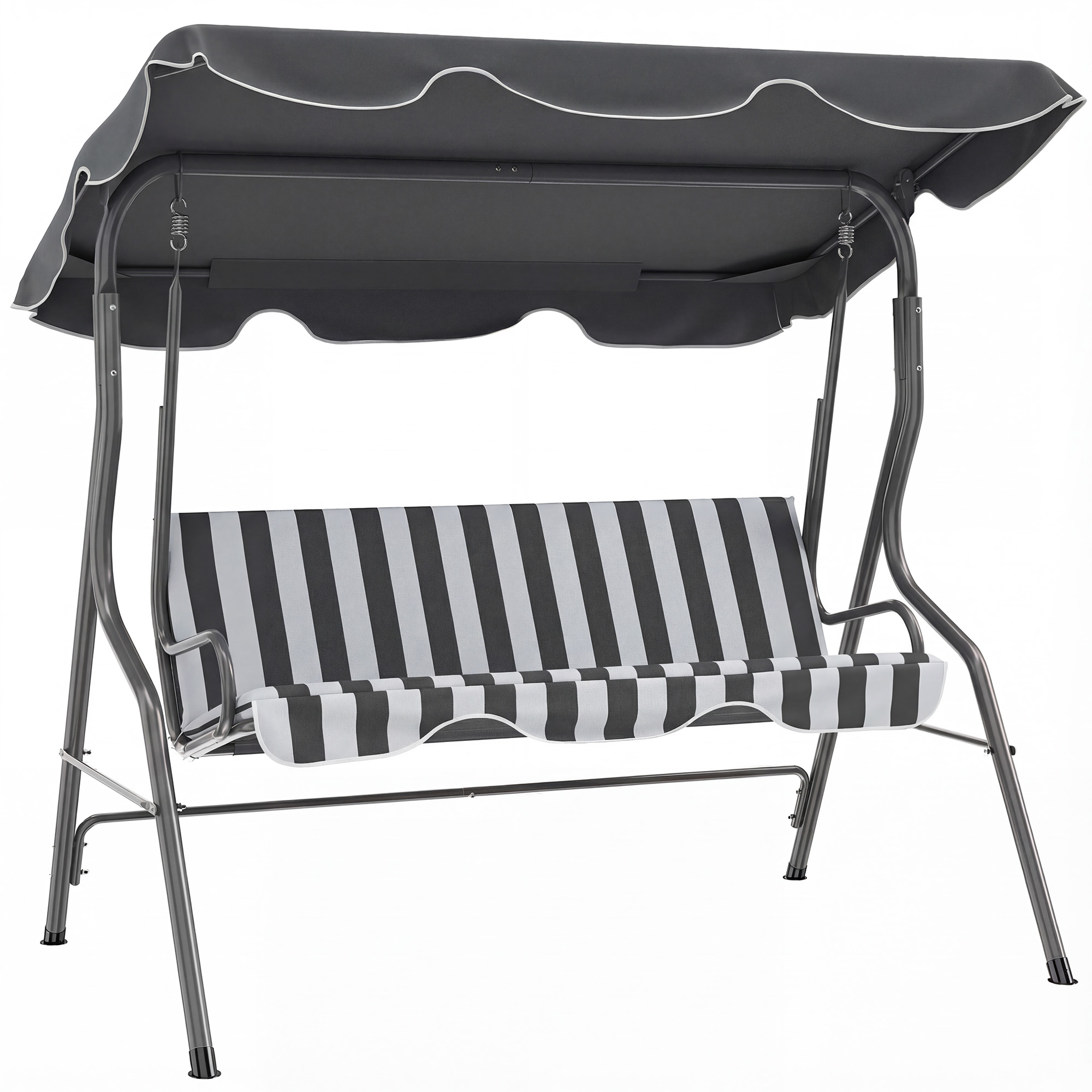 Outsunny Hollywoodschaukel 3‑Sitzer wasserabweisendes Dach verstellbare Neigung Sitz- und Rückenpolster 170L x 110l x 153H cm Stahl Polyester grau, weiß gestreift   Aosom