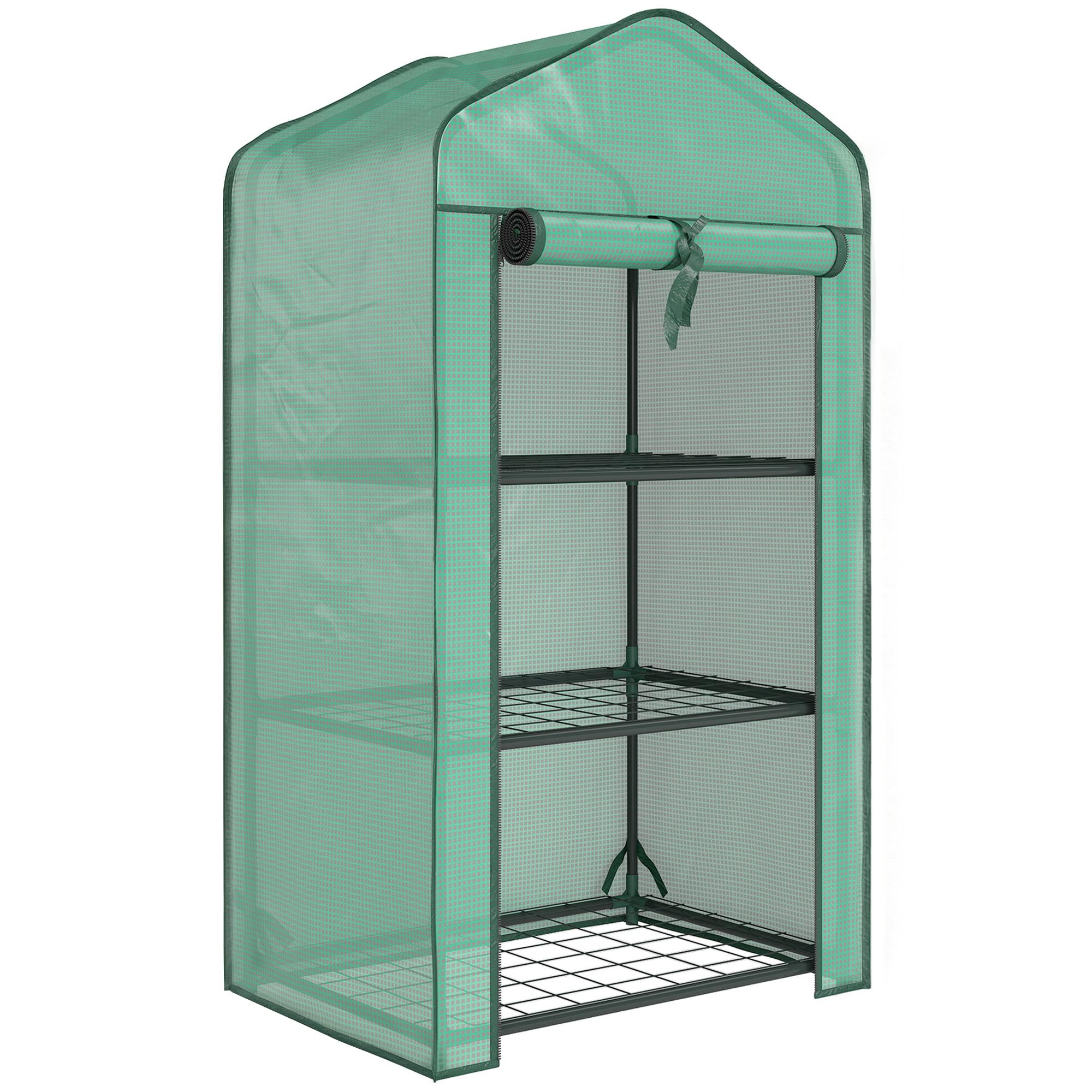 Outsunny Garten-Gewächshaus mit 3 Ablagen, Balkon-Gewächshaus, verstärkte PE-Plane, Stahlgestell, aufrollbare Reißverschlusstür, für Gemüse, Pflanzen, Blumen, 59 x 39 x 127 cm, grün   Aosom