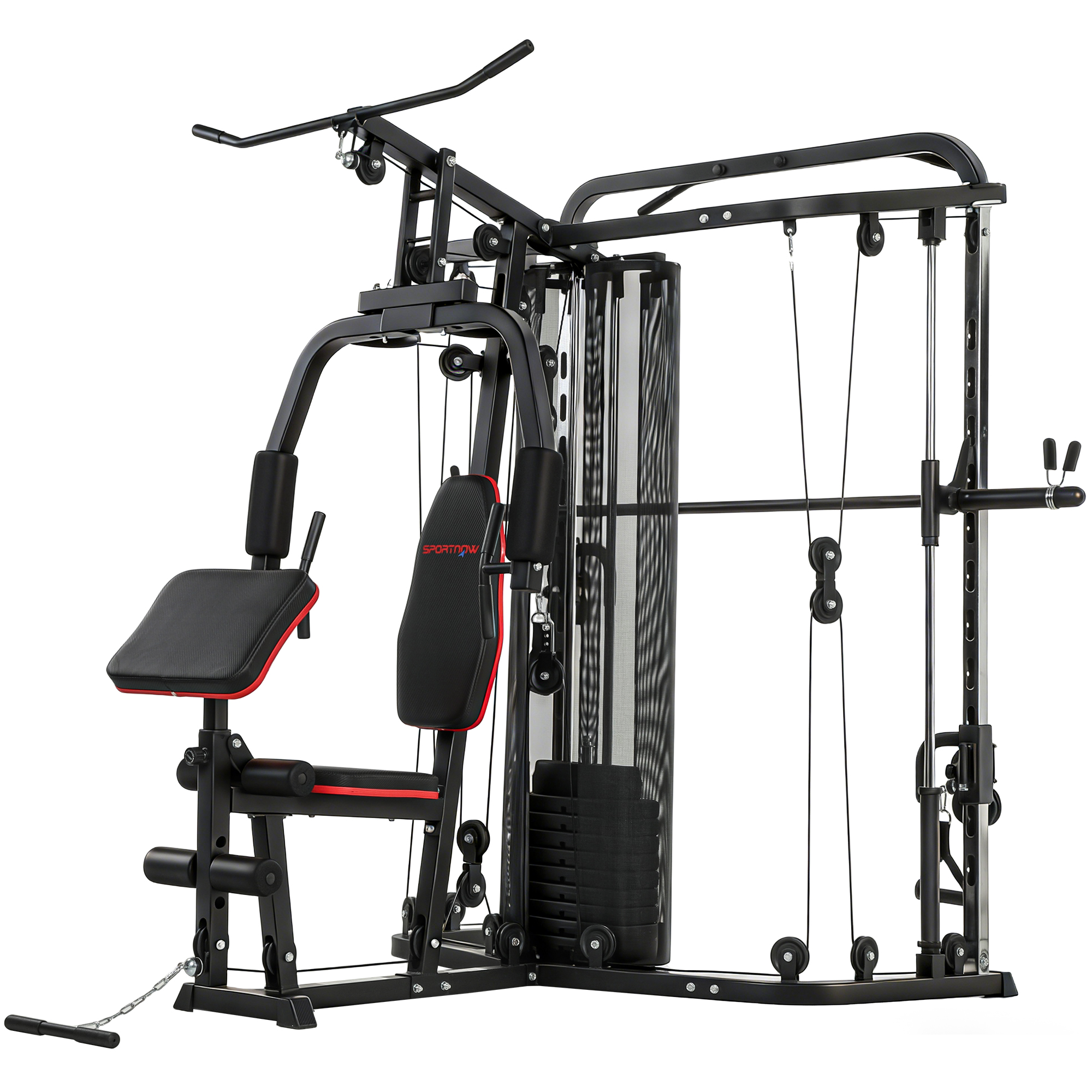 SPORTNOW Kraftstation Fitnessstation mit 65kg Gewichten, Latzug, Butterflystange, verstellbar Preacher Bank, Beintrainer, Multifunktion Smith Machine Multistation bis 120kg Fitnessgerät für Zuhause   Aosom
