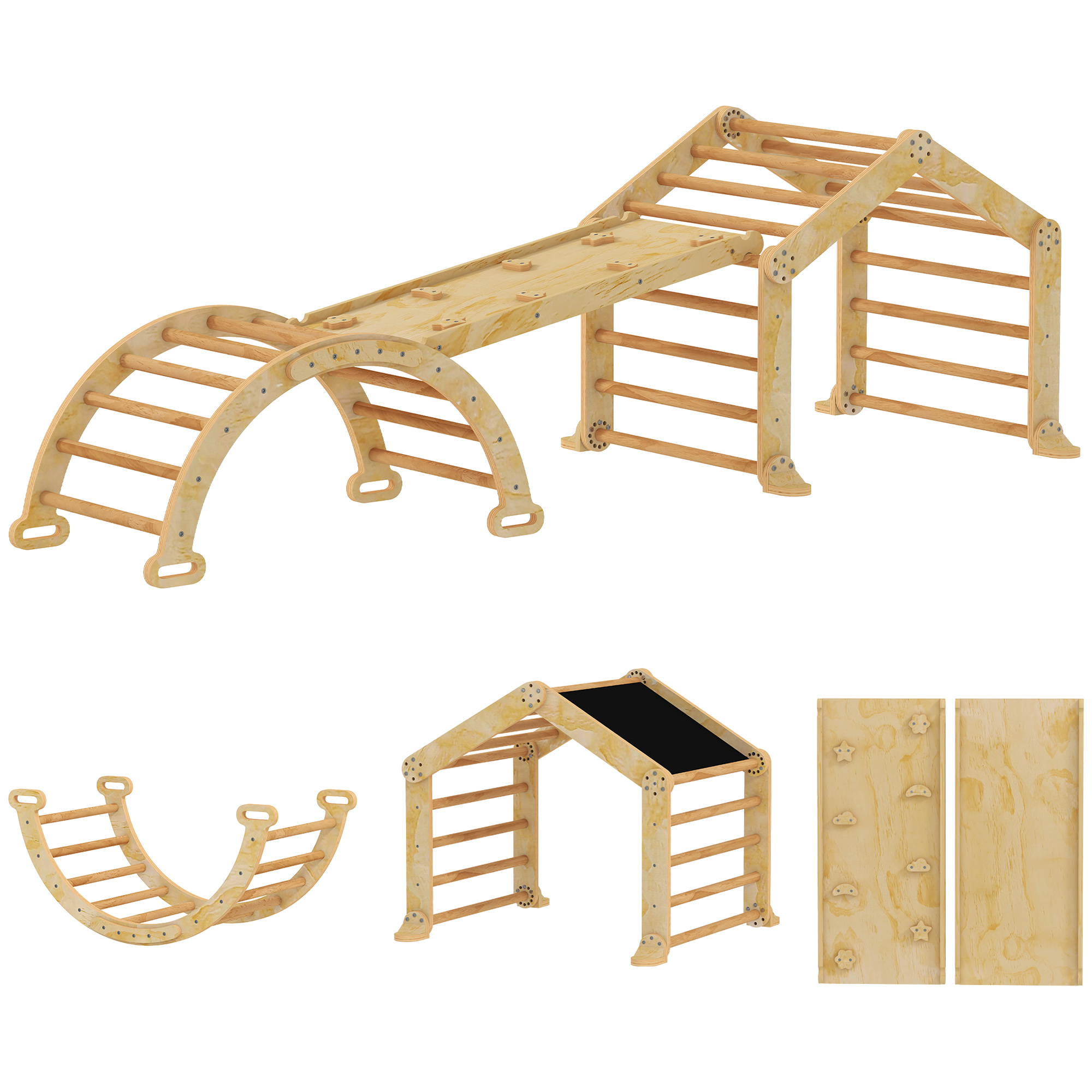 AIYAPLAY 9-in-1 Montessori Klettergerüst Indoor Holz Kletterdreieck mit Rutsche, Kletterbogen, Rampe, Indoor Spielplatz mit Tafel, für Kinder von 1,5-4 Jahre   Aosom