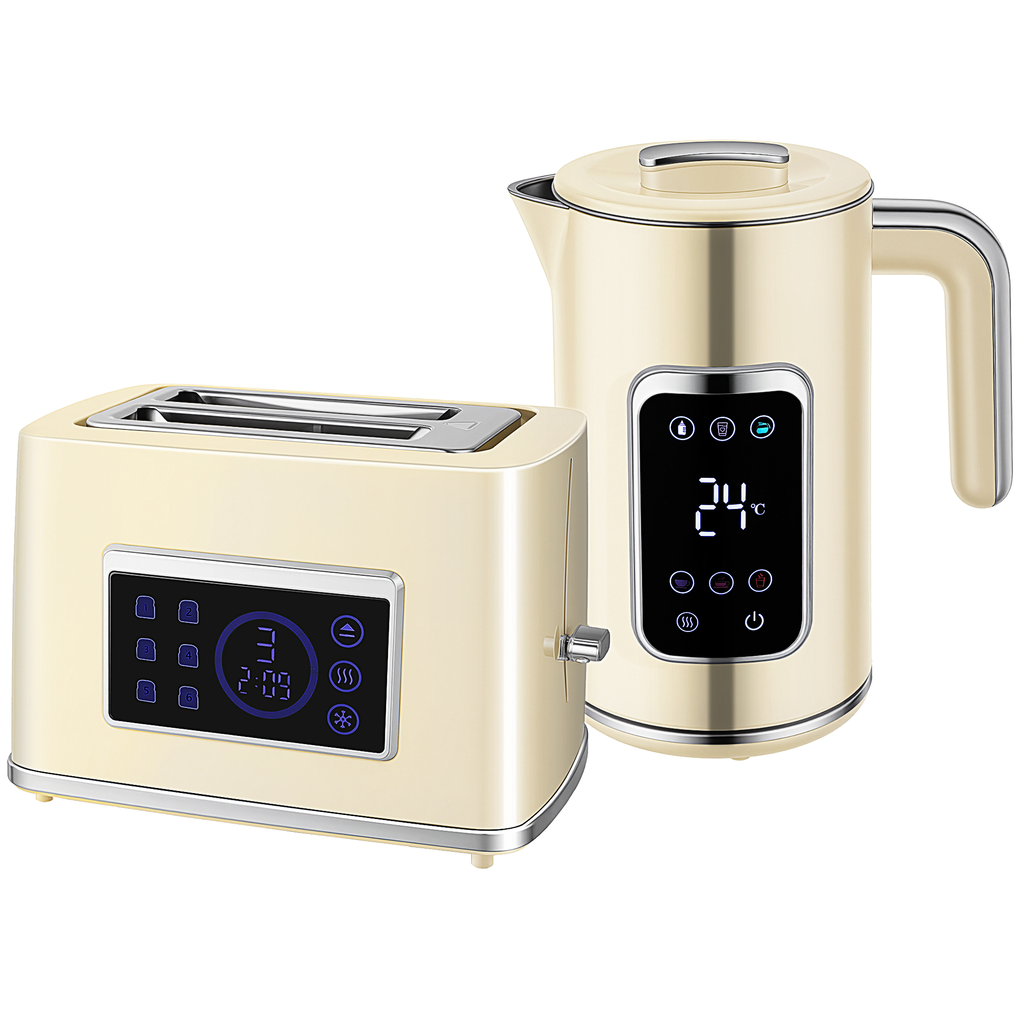 HOMCOM Wasserkocher Toaster Set 1,7L Edelstahl Wasserkocher 2 Scheiben Toaster 2200W Frühstücksset mit 6 Bräunungsstufen, Memory-Funktion, Auftauen, Aufwärmen, Krümelfach, LED-Touchscreen Creme   Aosom