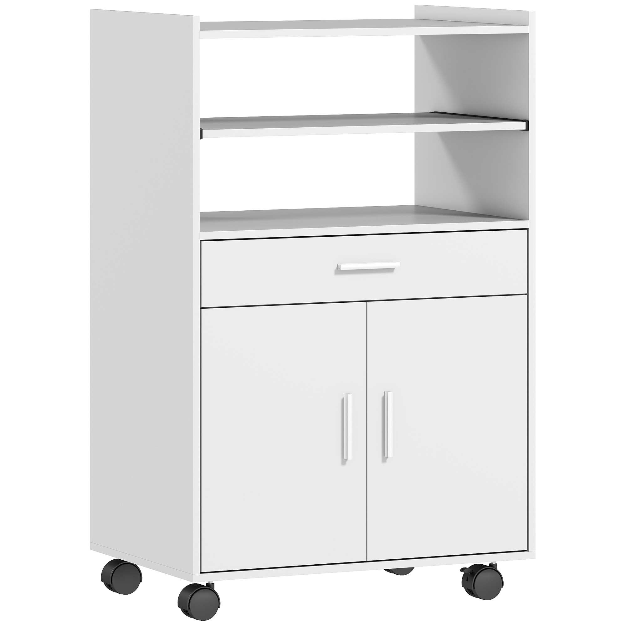 HOMCOM Küchenschrank Sideboard mit Rollen, Mikrowellenregal Mikrowellenschrank mit 2 Türen ausziehbarem Regal Schublade, Aufbewahrungsschrank für Küche, Esszimmer, Weiß   Aosom